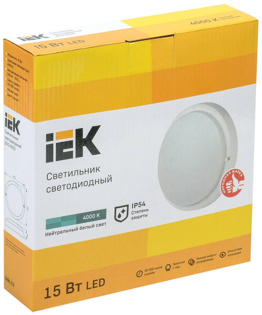 Шам LED ДПО 4003 15Вт IP54 4000K шеңбер ақ ИЭК