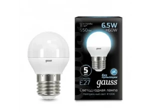 Лампа Gauss Шар 6.5W 550lm 4100K E27 LED 1/10/100