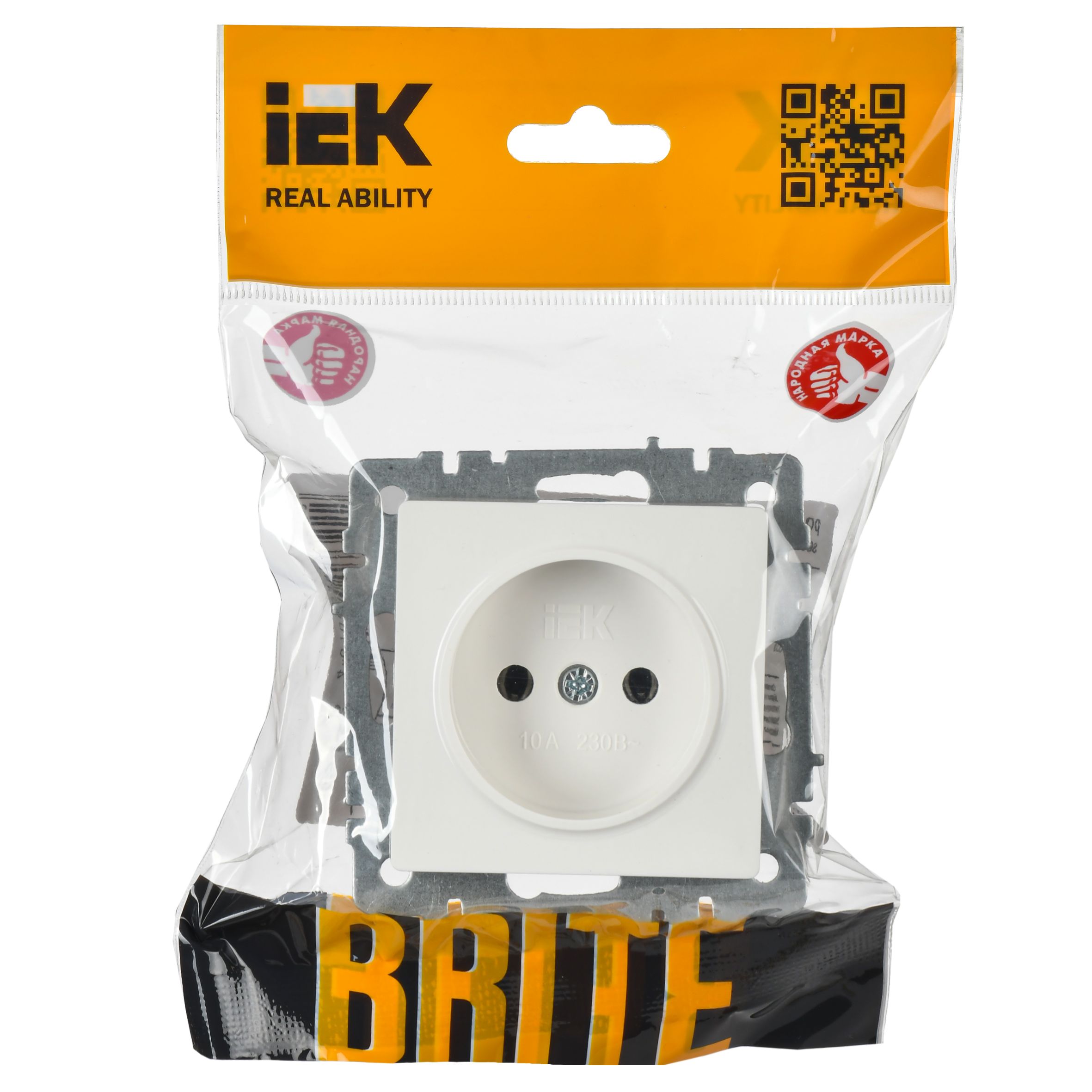            BRITE 1 ұялы жерлендірусіз перделері жоқ  розетка 10А РС10-1-0-БрБ ақ ИЭК    