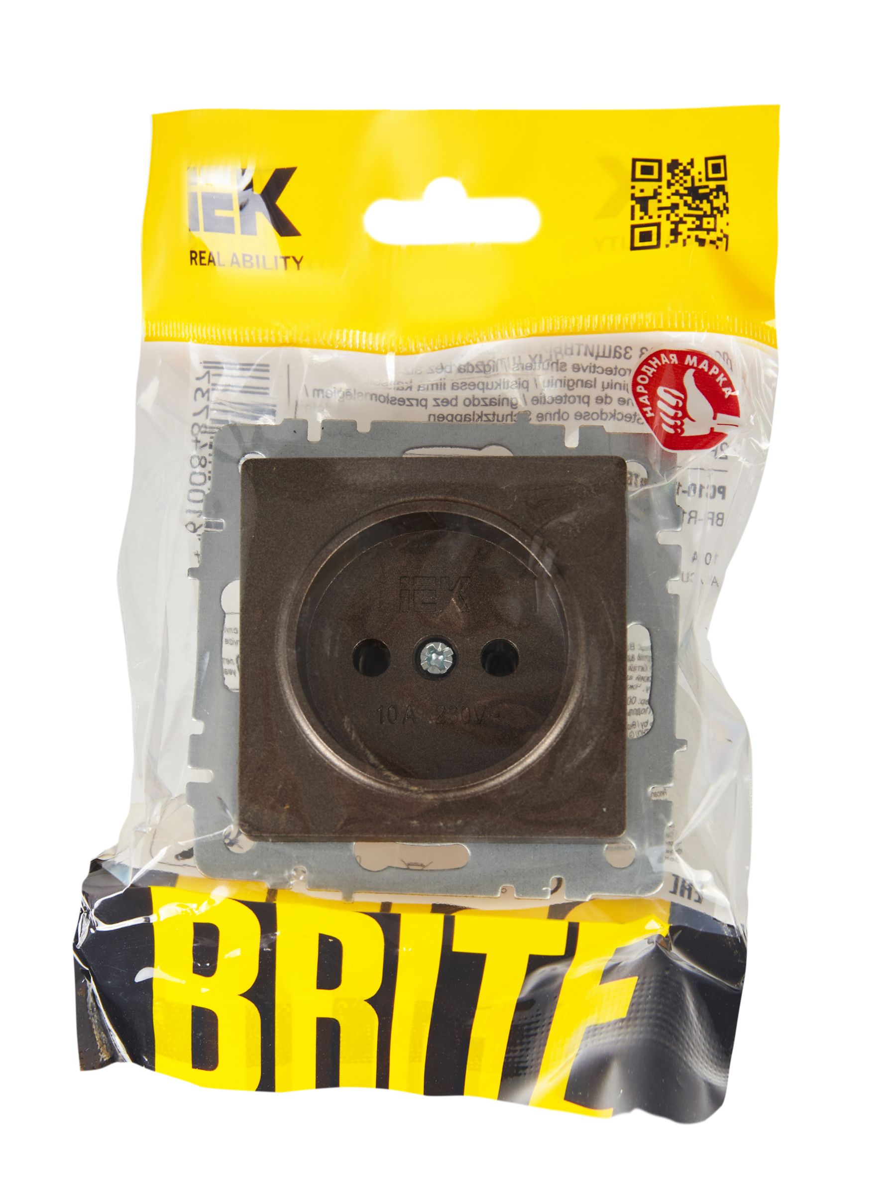             BRITE 1 ұялы жерлендірусіз перделері жоқ  розетка 10А РС10-1-0-БрТБ қара қола ИЭК    