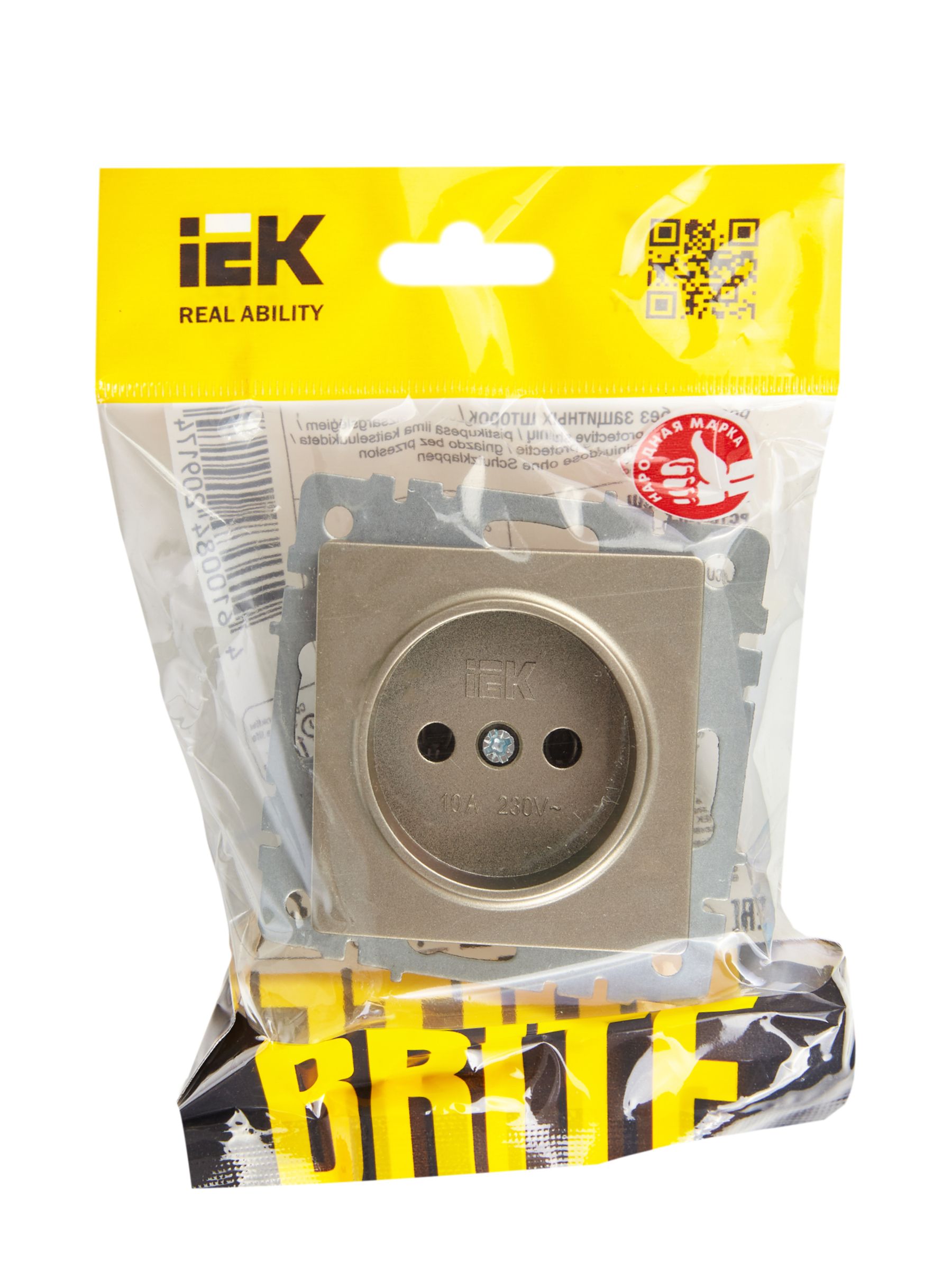             BRITE 1 ұялы жерлендірусіз перделері жоқ  розетка 10А РС10-1-0-БрШ шампан ИЭК    