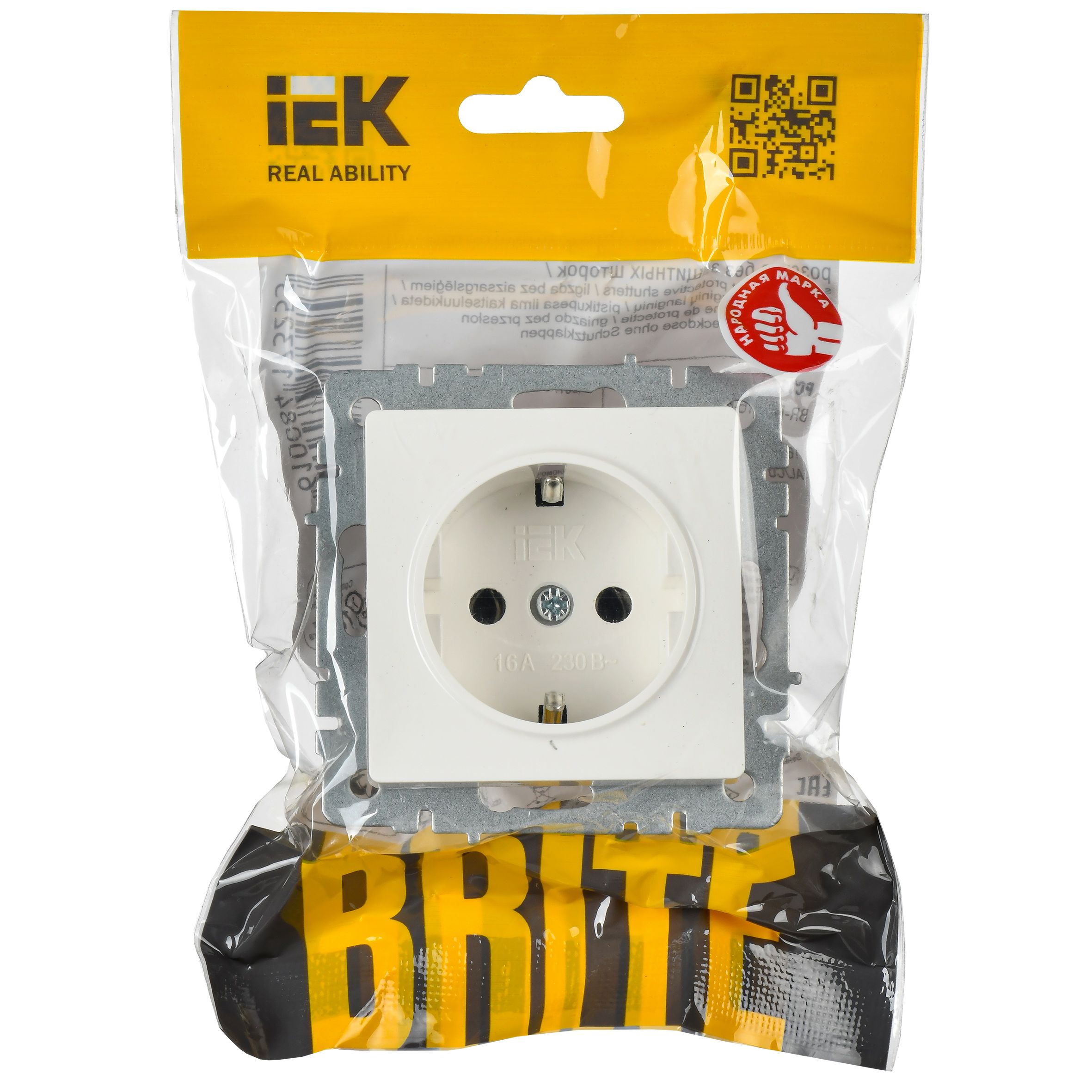             BRITE 1 ұялы жерлендірумен перделері бар розетка 16А РС14-1-0-БрБ ақ ИЭК    