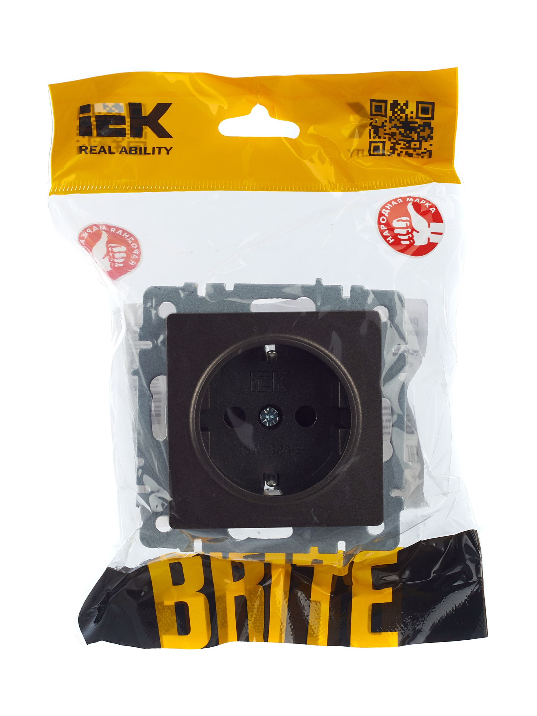             BRITE 1 ұялы жерлендірумен перделері бар розетка 16А РС14-1-0-БрТБ қара қола ИЭК    