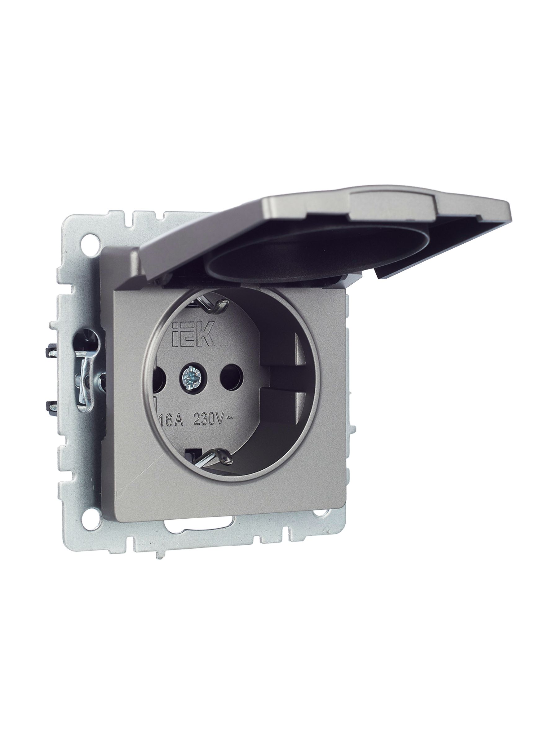            BRITE 1 ұялы жерлендірумен қақпақ мен перделері бар розетка 16А IP20 РСбш10-3-БрС болат ИЭК    