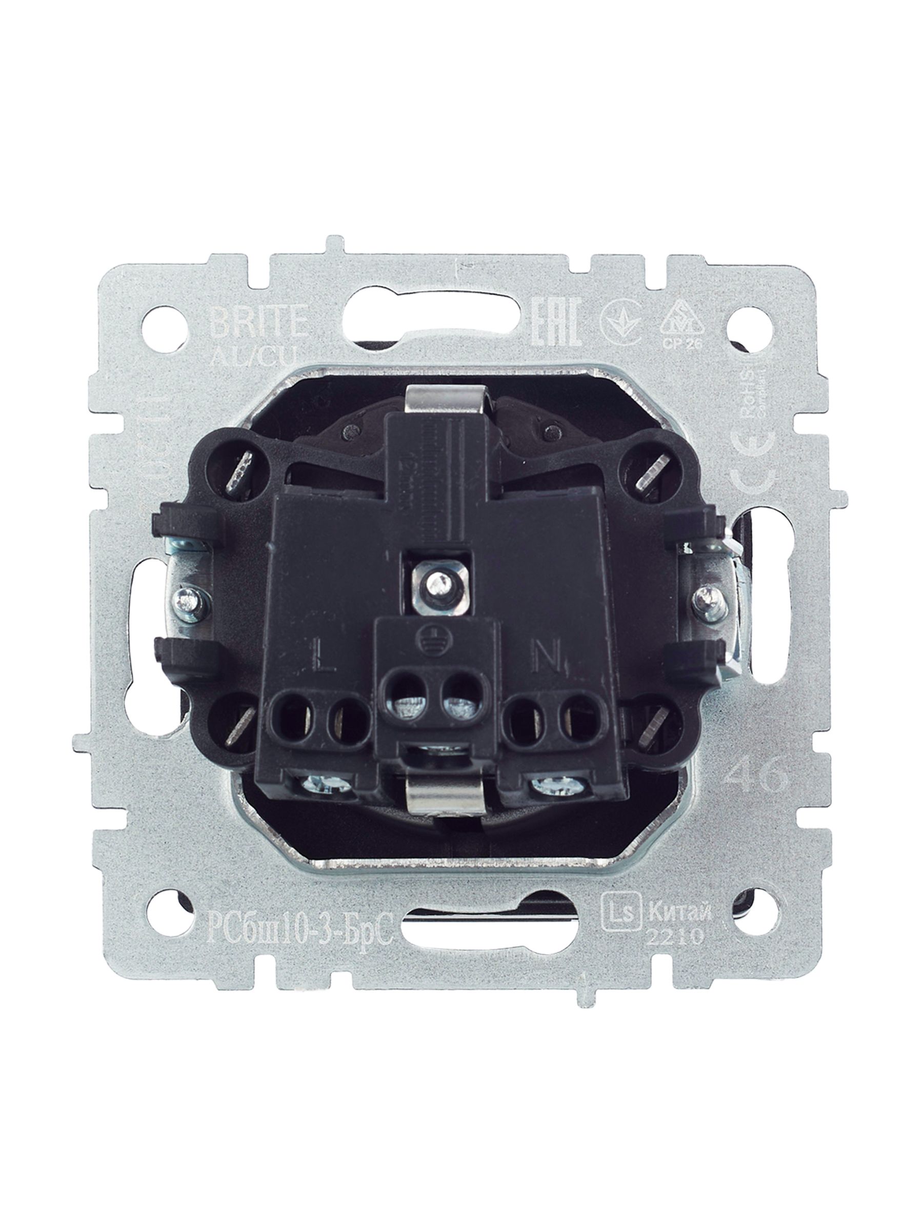             BRITE 1 ұялы жерлендірумен қақпақ мен перделері бар розетка 16А IP20 РСбш10-3-БрС болат ИЭК    
