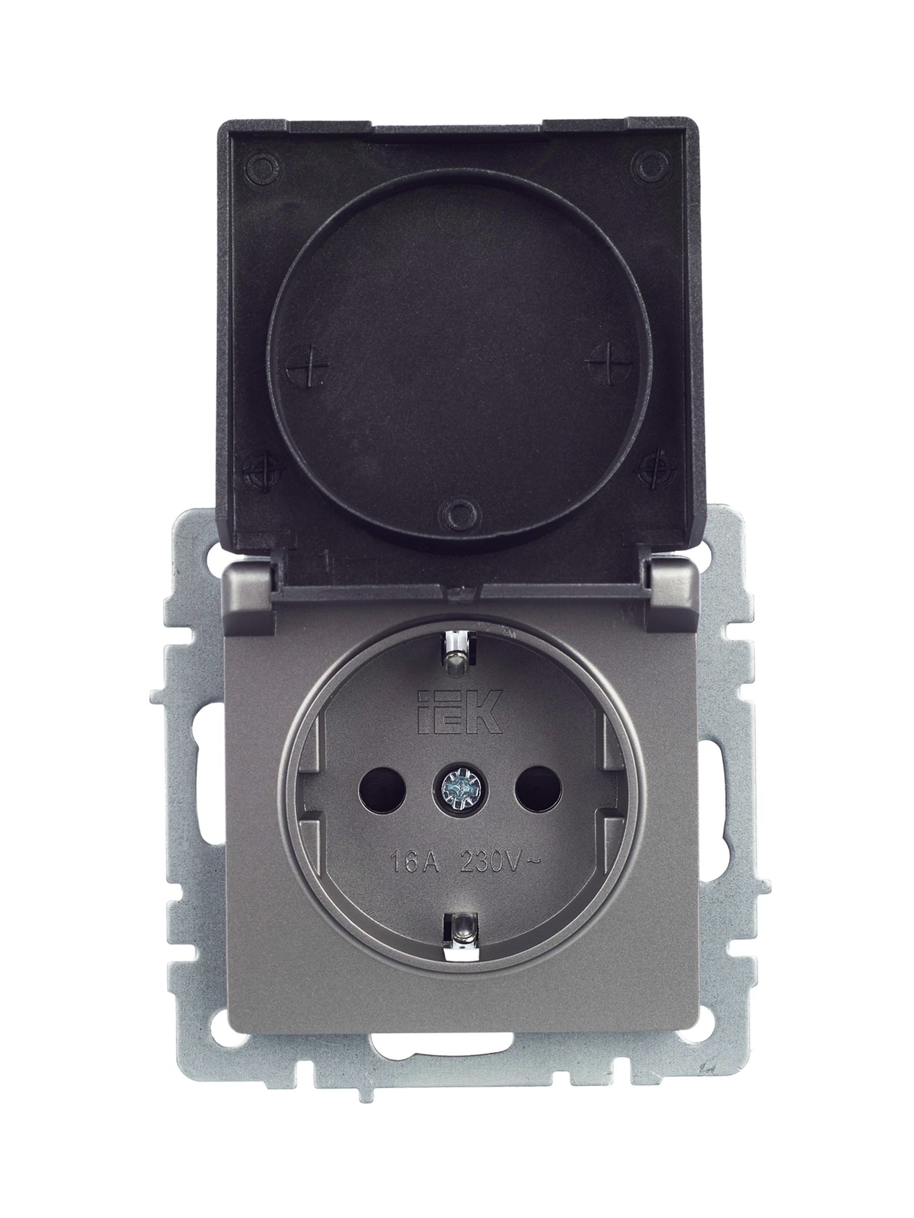             BRITE 1 ұялы жерлендірумен қақпақ мен перделері бар розетка 16А IP20 РСбш10-3-БрС болат ИЭК    