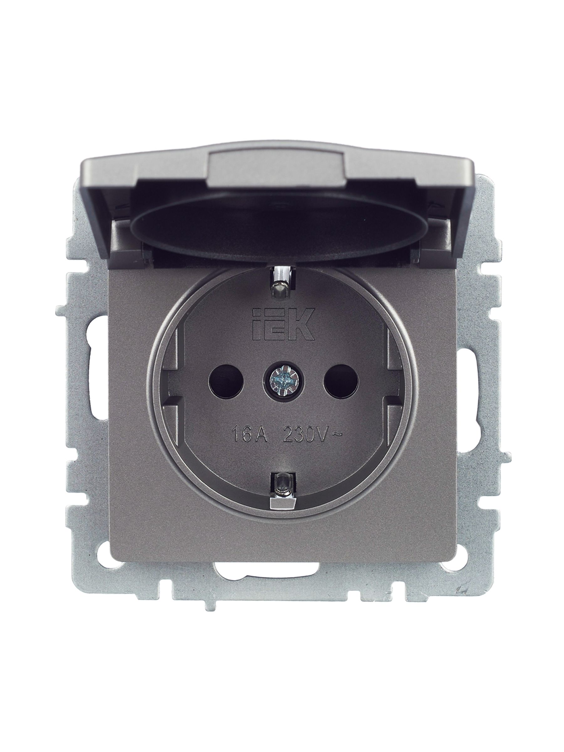             BRITE 1 ұялы жерлендірумен қақпақ мен перделері бар розетка 16А IP20 РСбш10-3-БрС болат ИЭК    