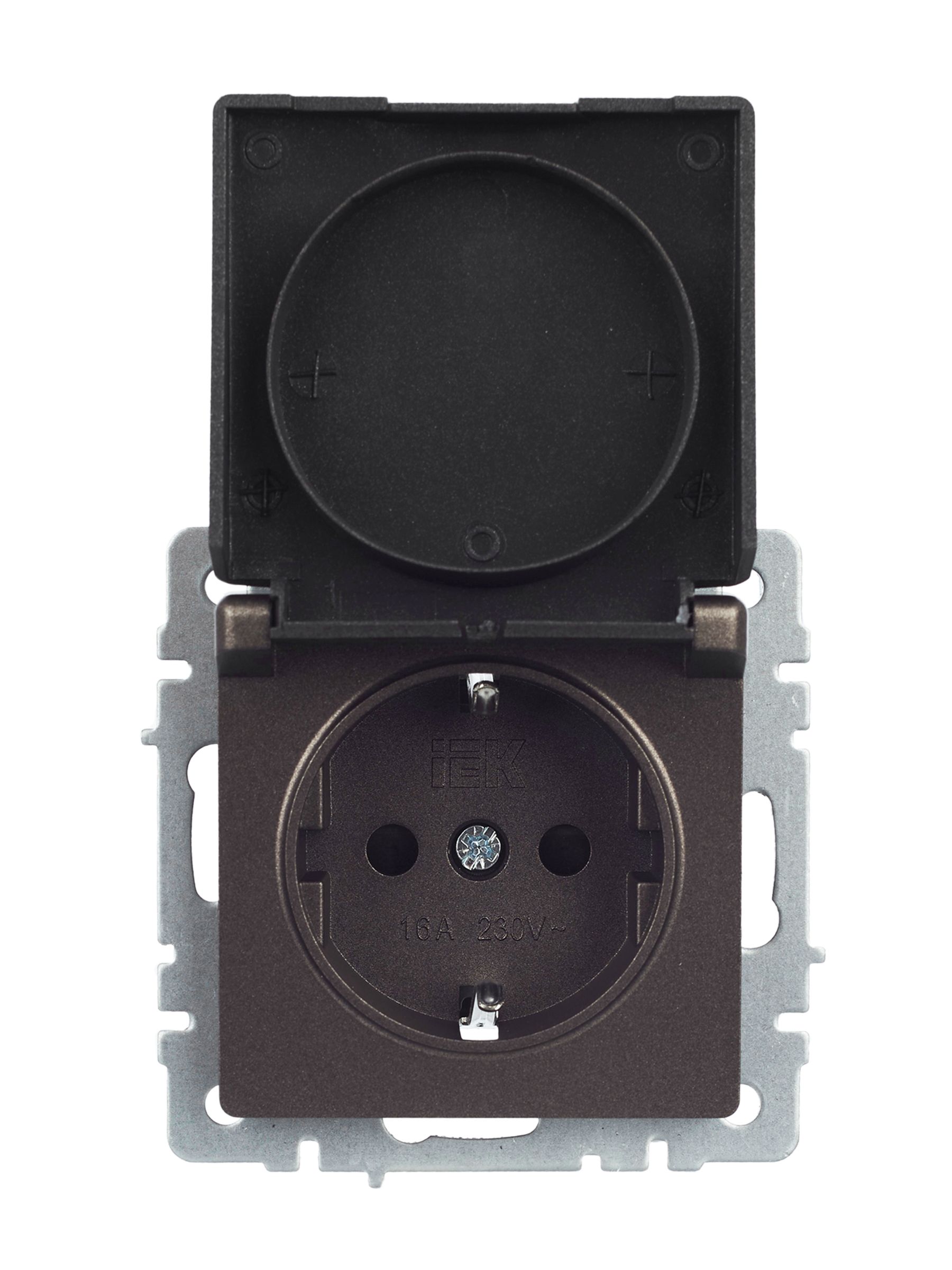             BRITE 1 ұялы жерлендірумен қақпақ мен перделері бар розетка 16А IP20 РСбш10-3-БрТБ қара қола ИЭК    