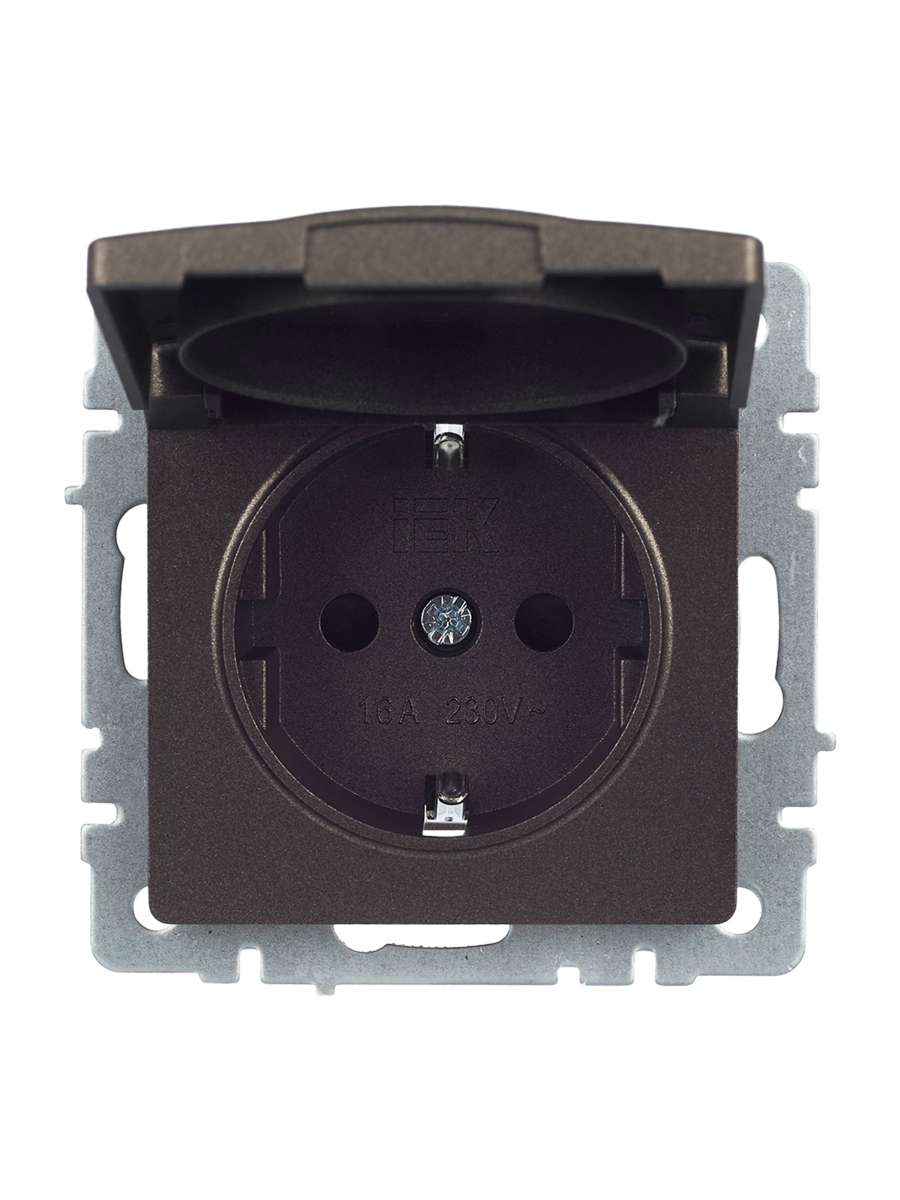             BRITE 1 ұялы жерлендірумен қақпақ мен перделері бар розетка 16А IP20 РСбш10-3-БрТБ қара қола ИЭК    