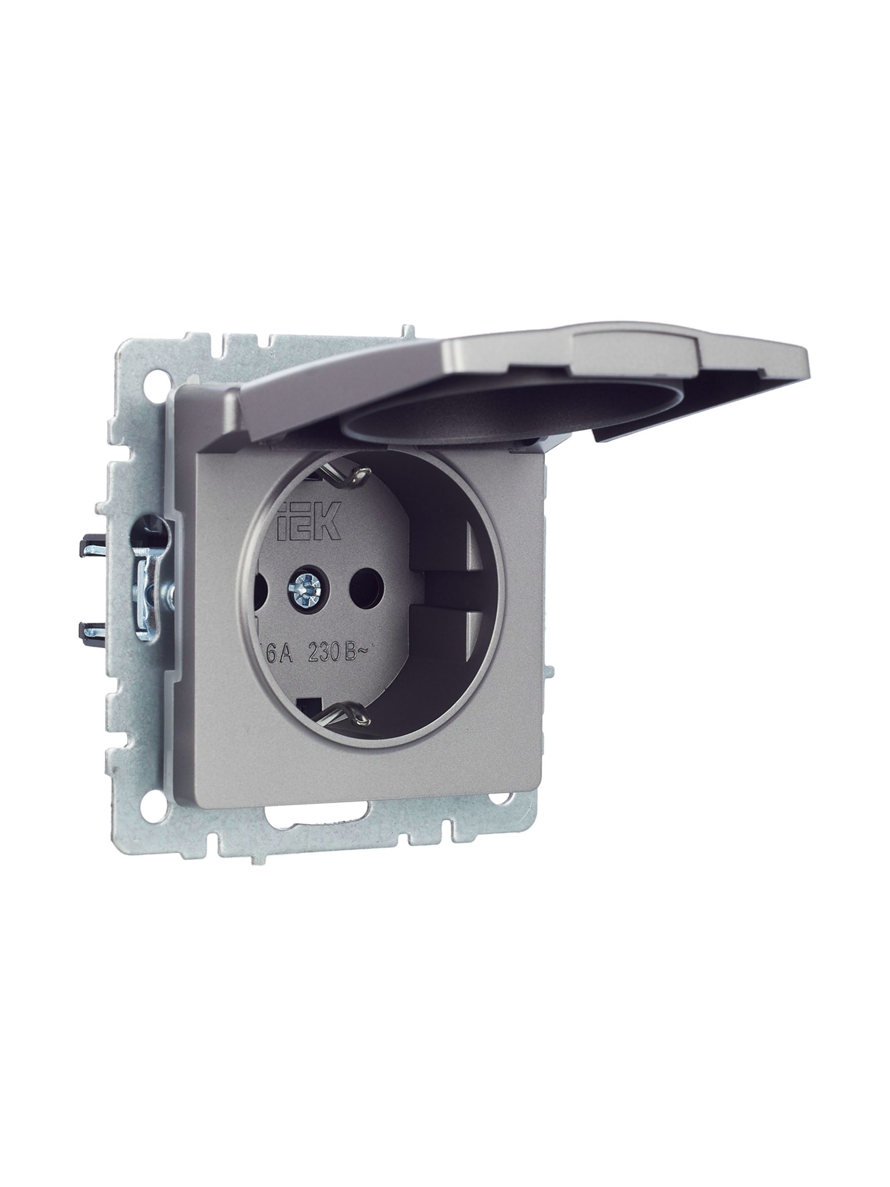             BRITE 1 ұялы жерлендірумен қақпақ мен перделері бар розетка 16А IP44 РСбш10-3-44-БрС болат    