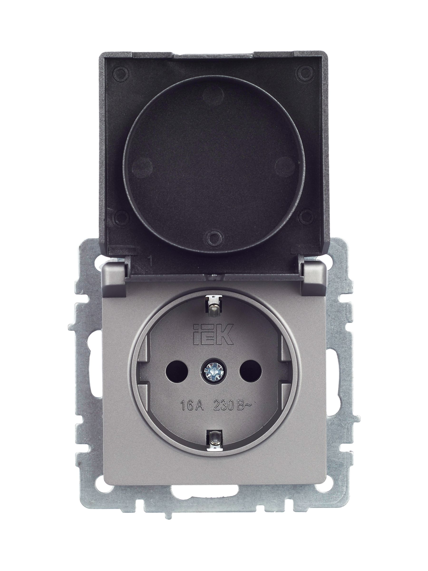             BRITE 1 ұялы жерлендірумен қақпақ мен перделері бар розетка 16А IP44 РСбш10-3-44-БрС болат    