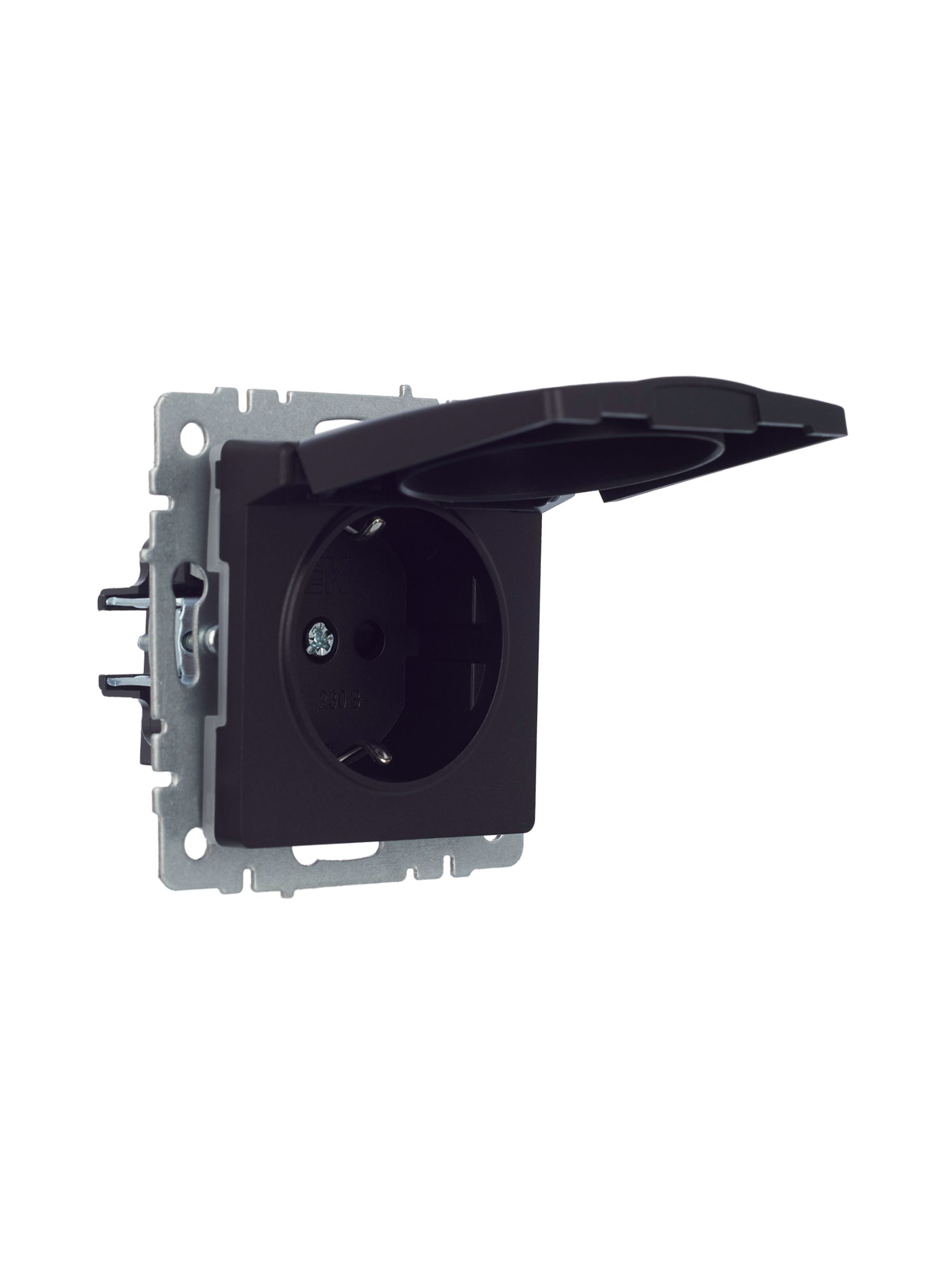             BRITE 1 ұялы жерлендірумен қақпақ мен перделері бар розетка 16А IP44 РСбш10-3-44-БрЧ қара ИЭК    