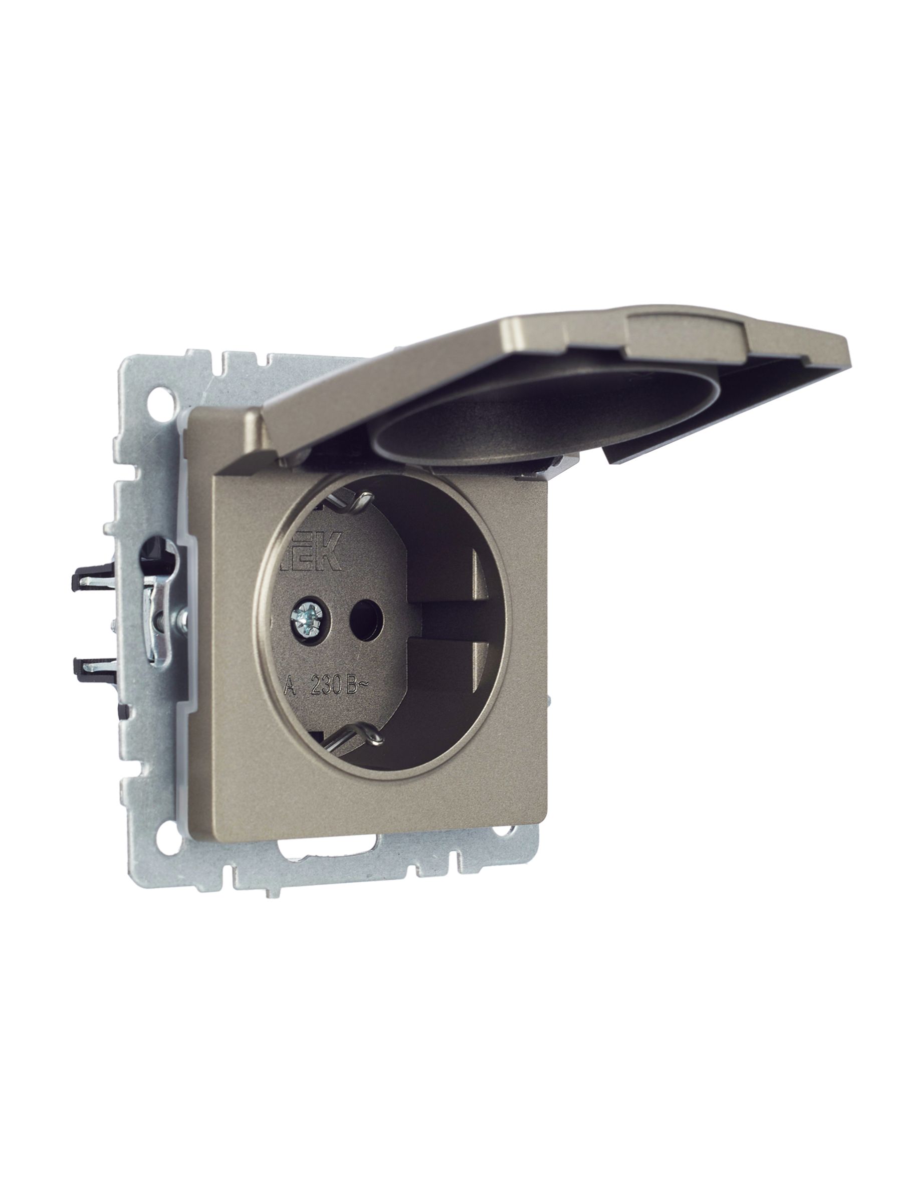             BRITE 1 ұялы жерлендірумен қақпақ мен перделері бар розетка 16А IP44 РСбш10-3-44-БрШ шампан ИЭК    