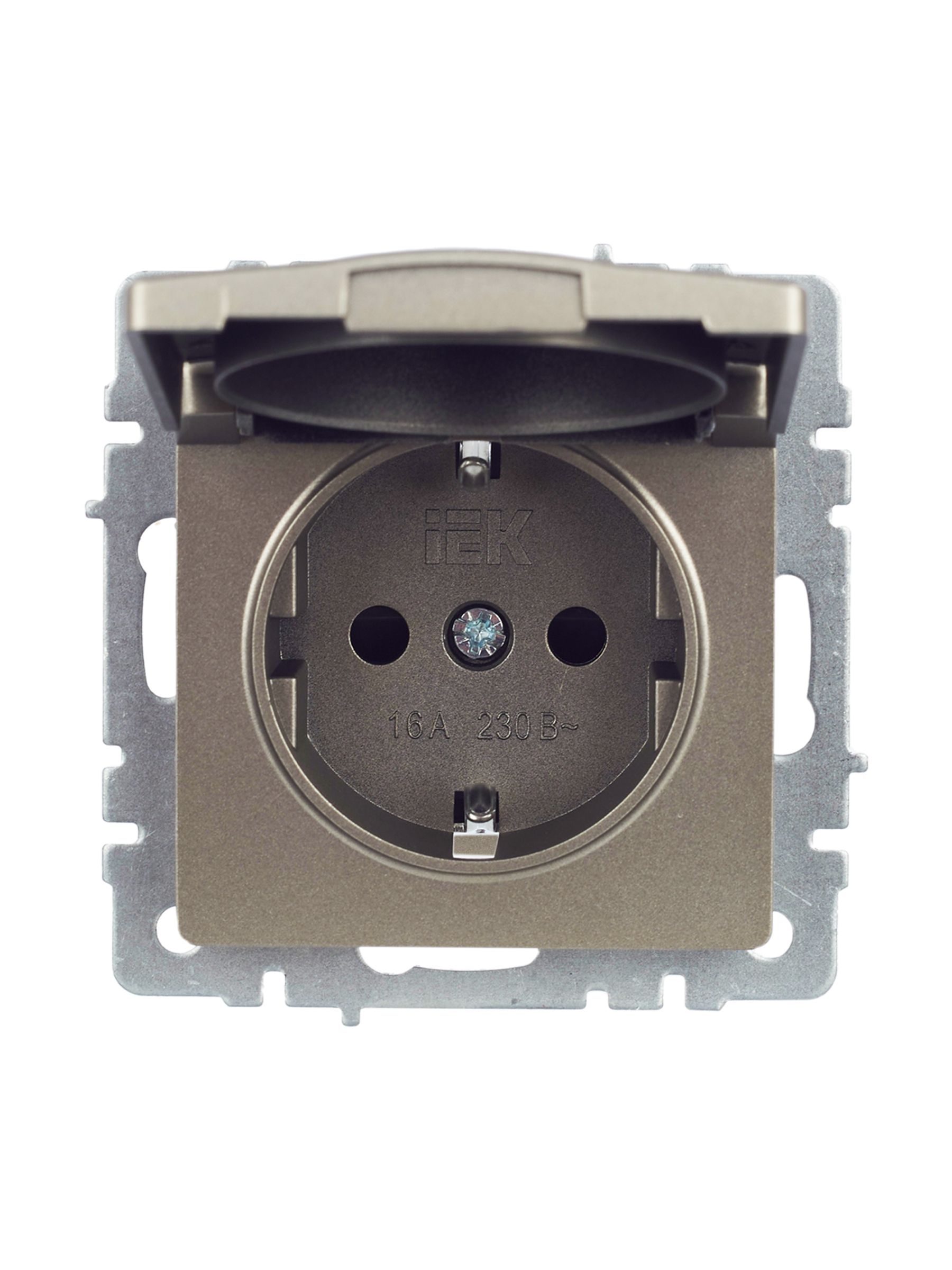             BRITE 1 ұялы жерлендірумен қақпақ мен перделері бар розетка 16А IP44 РСбш10-3-44-БрШ шампан ИЭК    