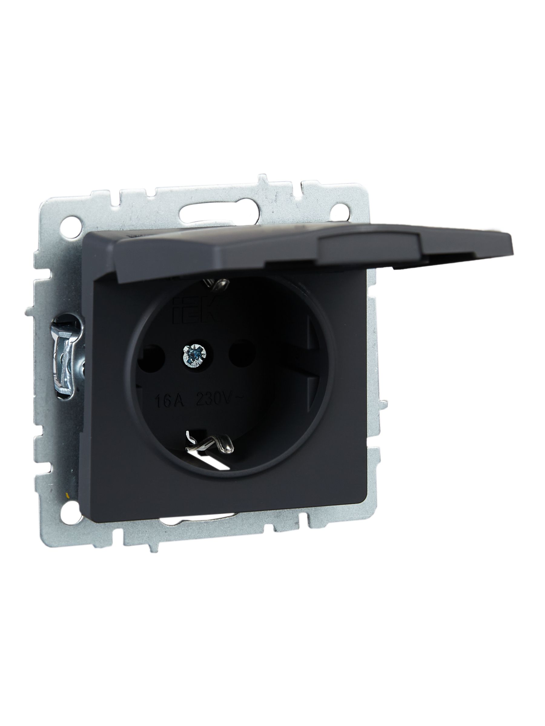             BRITE 1 ұялы жерлендірумен қақпақ мен перделері бар розетка 16А IP20 РСбш10-3-БрГ графит ИЭК    