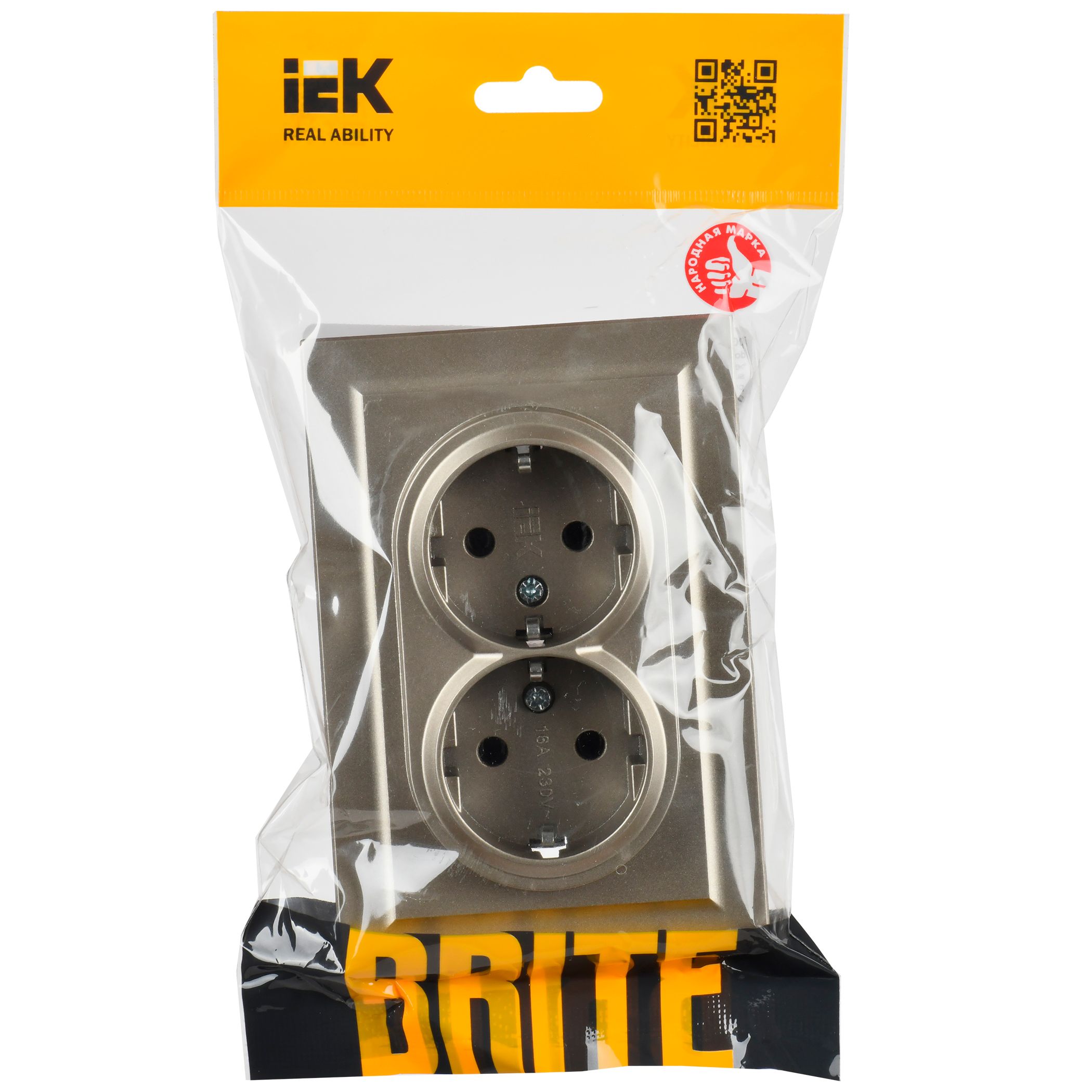             BRITE 2 ұялы жерлендірумен перделері жоқ  розетка 16А толық РС12-3-БрШ шампан ИЭК    