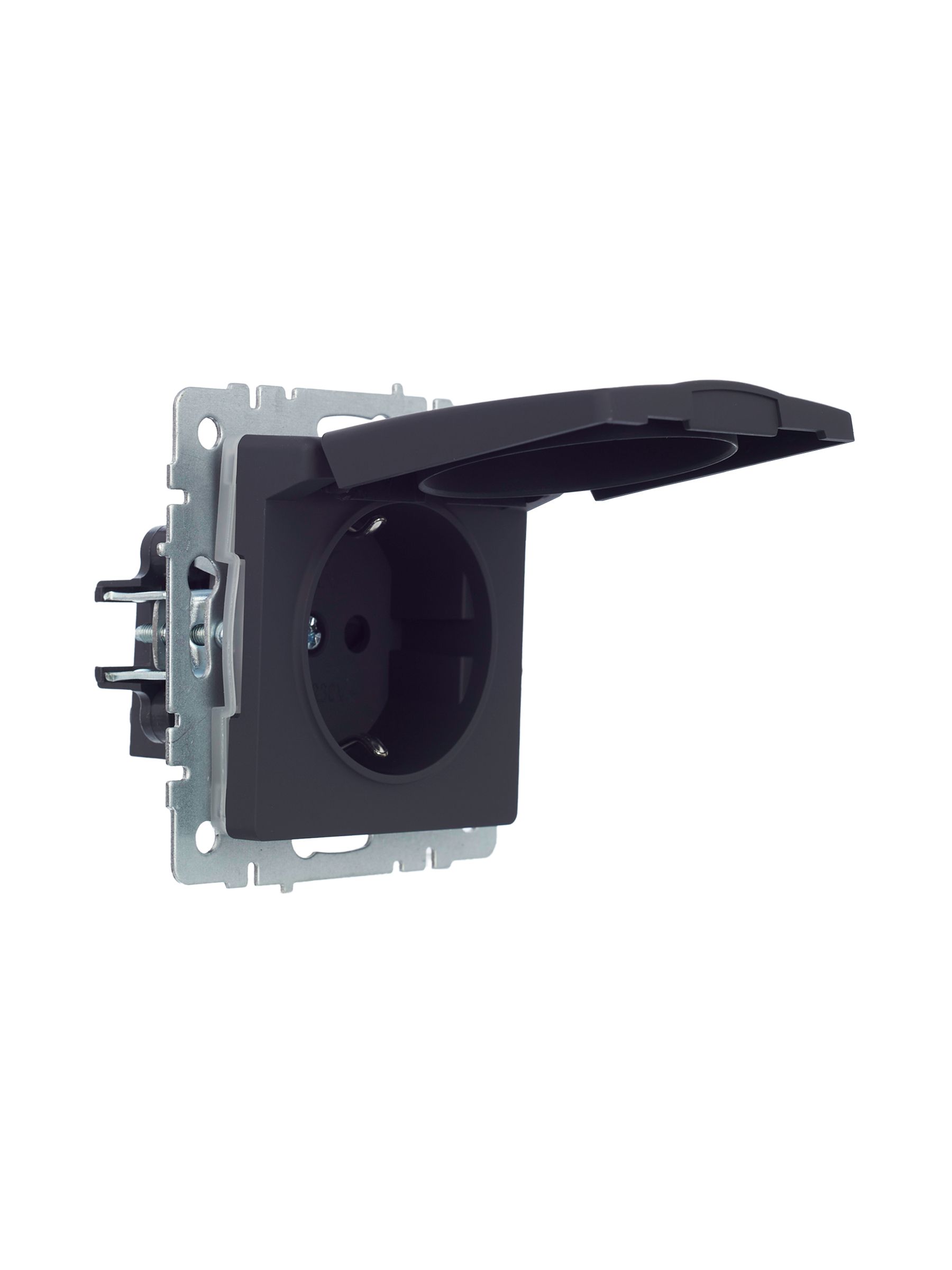             BRITE 1 ұялы жерлендірумен қақпақ мен перделері бар розетка 16А IP44 РСбш10-3-44-БрГ графит    