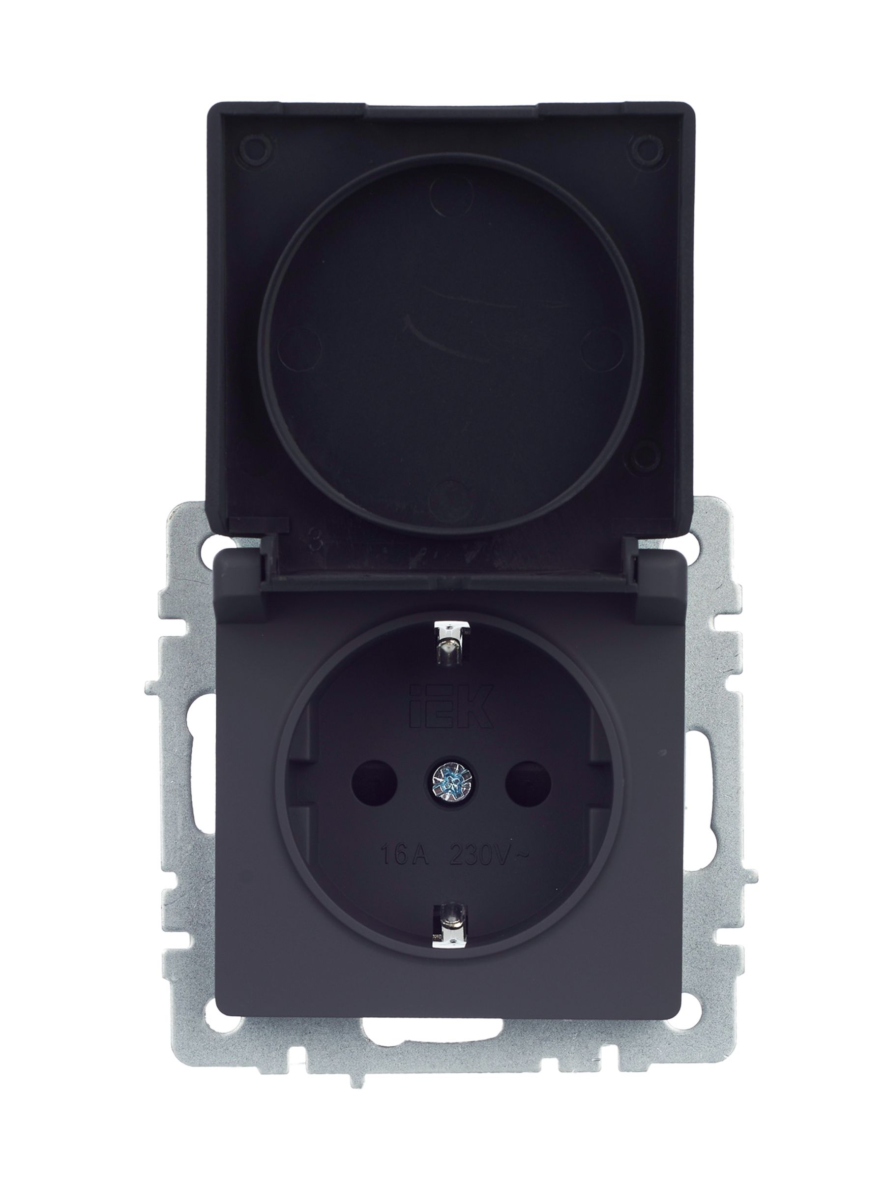             BRITE 1 ұялы жерлендірумен қақпақ мен перделері бар розетка 16А IP44 РСбш10-3-44-БрГ графит    