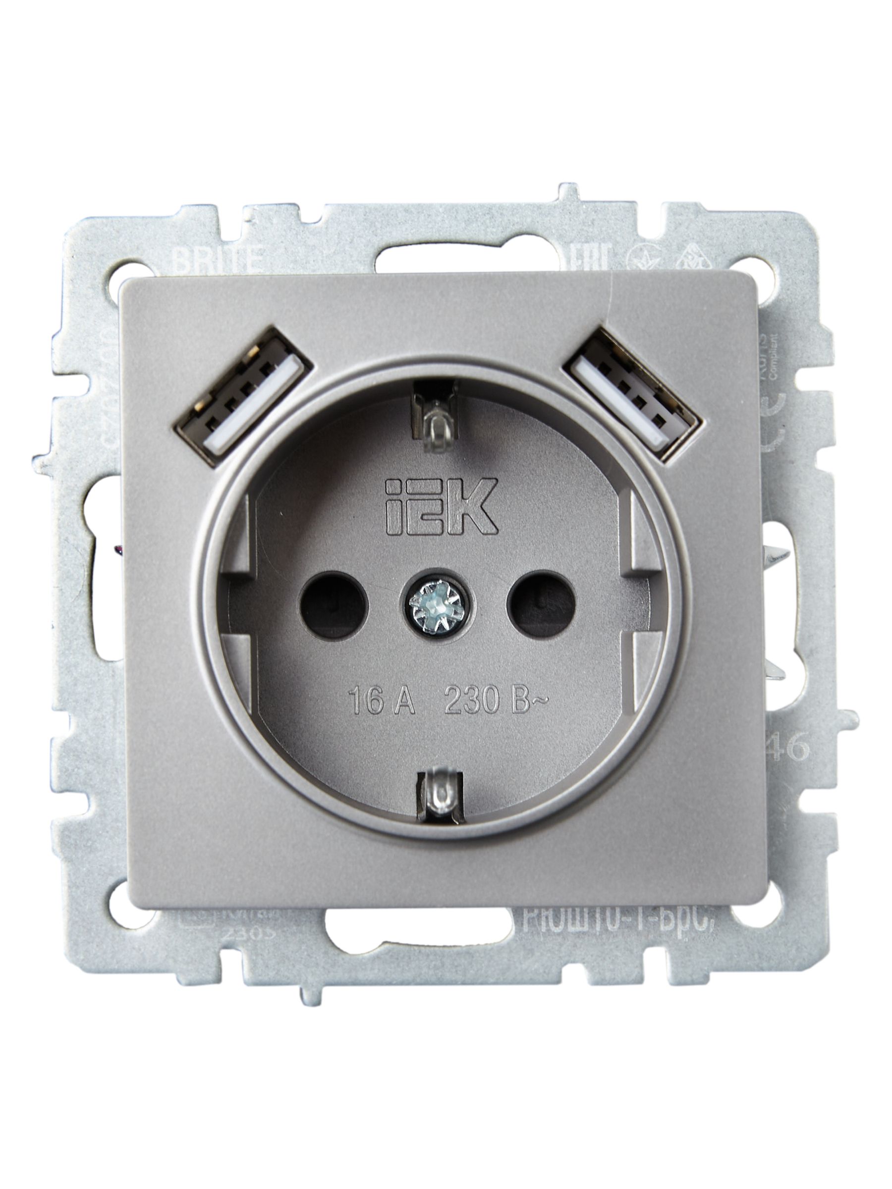             BRITE 1 ұялы жерлендірумен перделері бар розетка 16А с USB A+A 5B 2,1A  РЮш10-1-БрС болат  ИЭК    