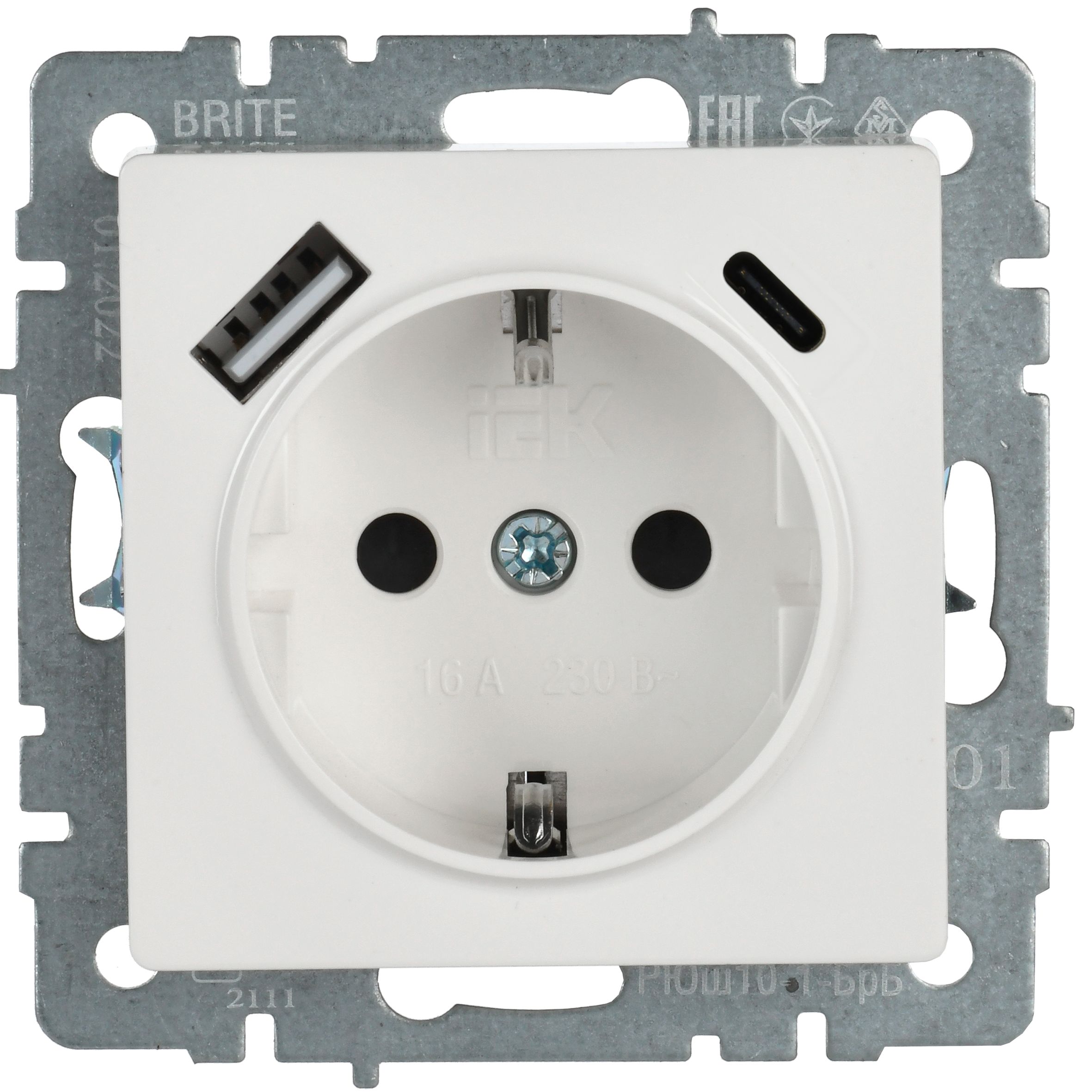             BRITE 1 ұялы жерлендірумен перделері бар розетка 16А с USB A+C 18Вт РЮш11-1-БрБ ақ ИЭК    