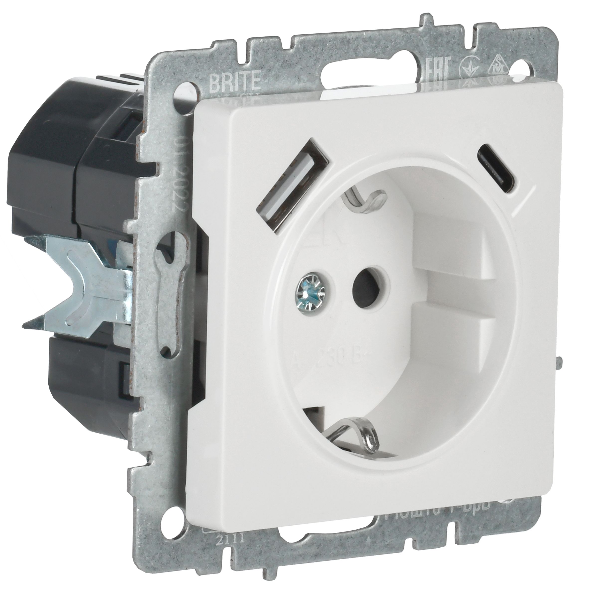            BRITE 1 ұялы жерлендірумен перделері бар розетка 16А с USB A+C 18Вт РЮш11-1-БрБ ақ ИЭК    