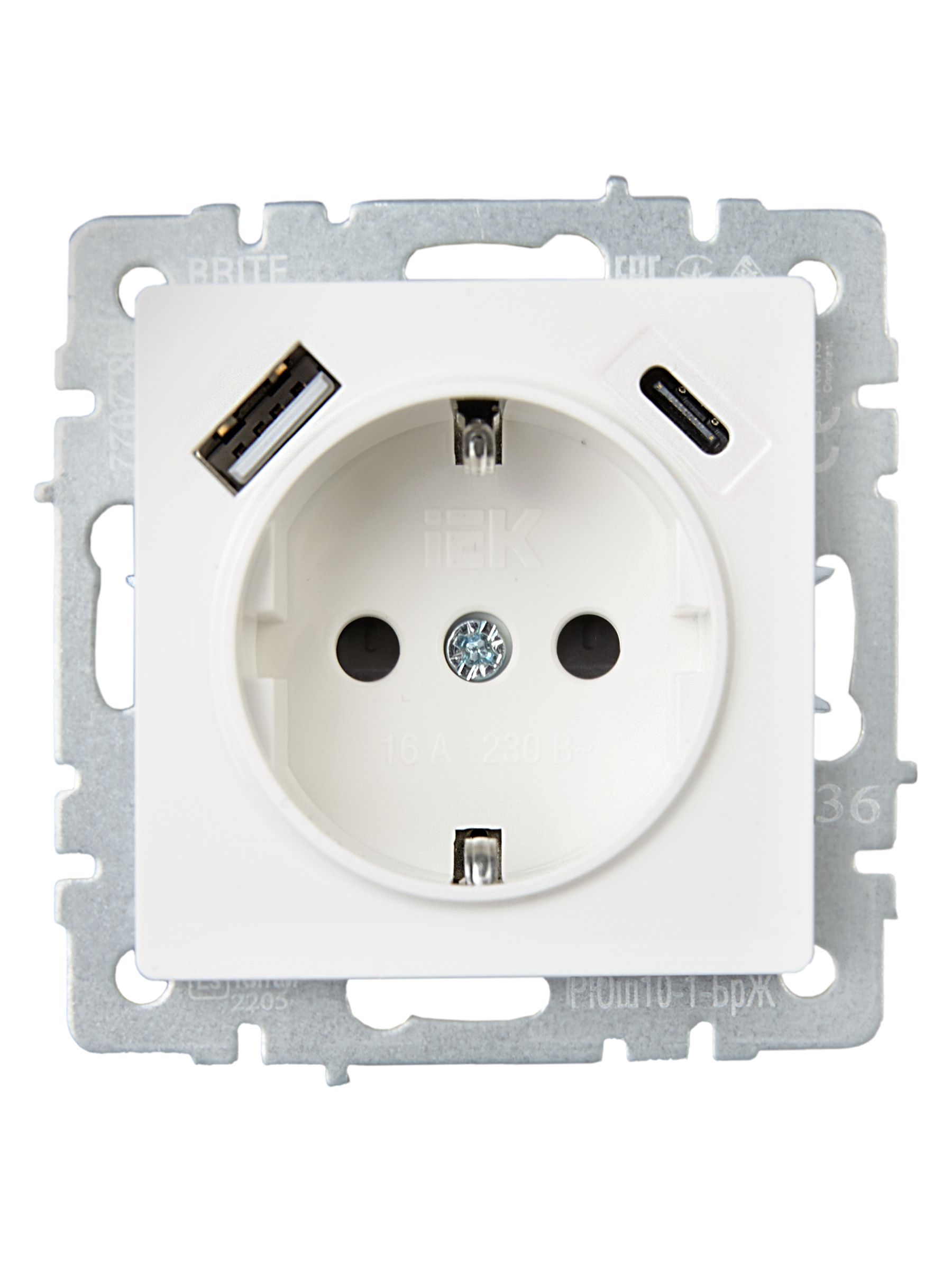             BRITE 1 ұялы жерлендірумен перделері бар розетка 16А с USB A+C 18Вт РЮш11-1-БрЖ інжу ИЭК    