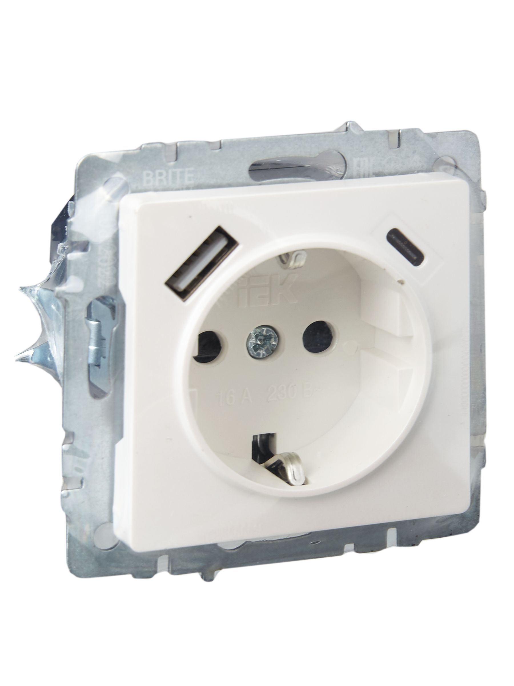             BRITE 1 ұялы жерлендірумен перделері бар розетка 16А с USB A+C 18Вт РЮш11-1-БрЖ інжу ИЭК    