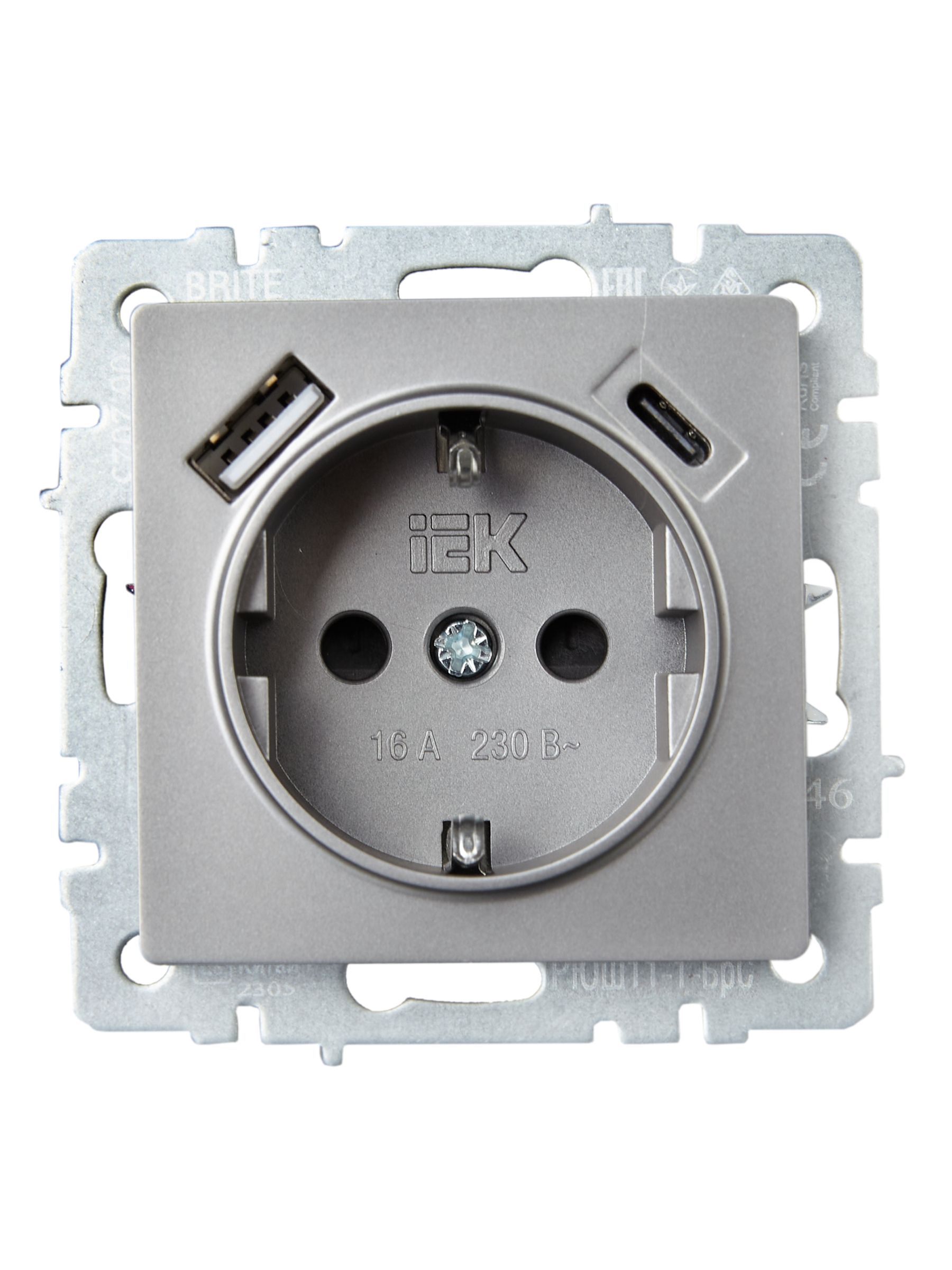            BRITE 1 ұялы жерлендірумен перделері бар розетка 16А с USB A+C 18Вт РЮш11-1-БрС болат ИЭК    