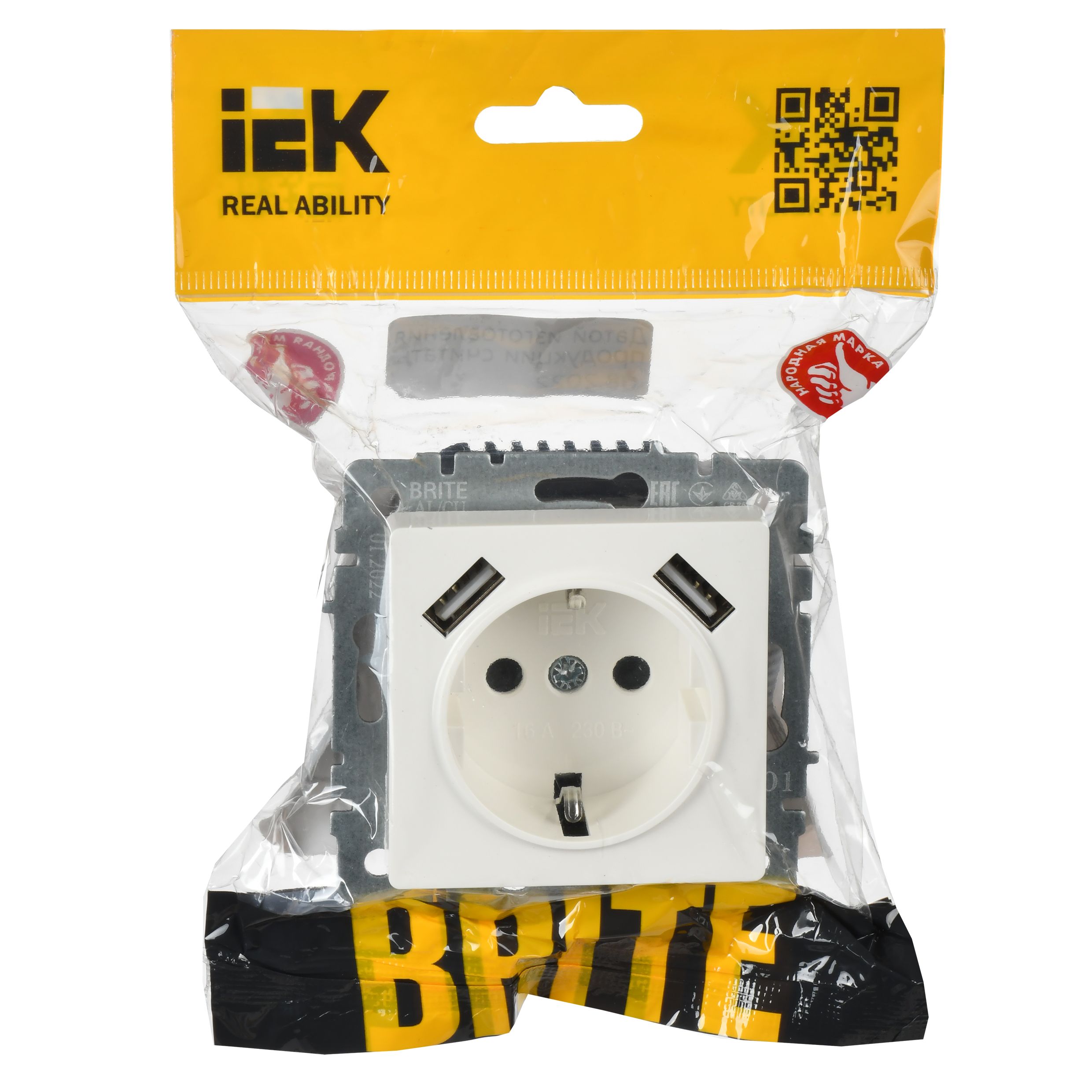             BRITE Розетка 1 орынды қорғаныс перделері бар, жерге тұйықталған 16АUSB A+A мен 5B 2,1A  РЮш10-1-БрБ ақ ИЭК    