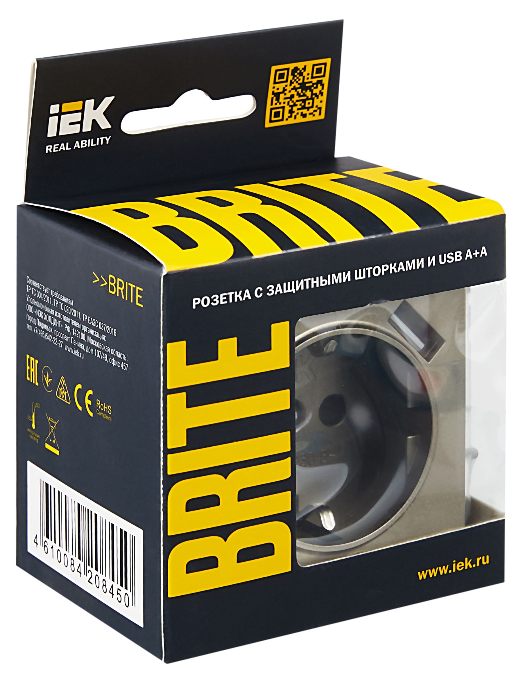             BRITE Розетка 1 орынды қорғаныс перделері бар, жерге тұйықталған 16АUSB A+A мен 5B 2,1A  РЮш10-1-БрШ шампан ИЭК    