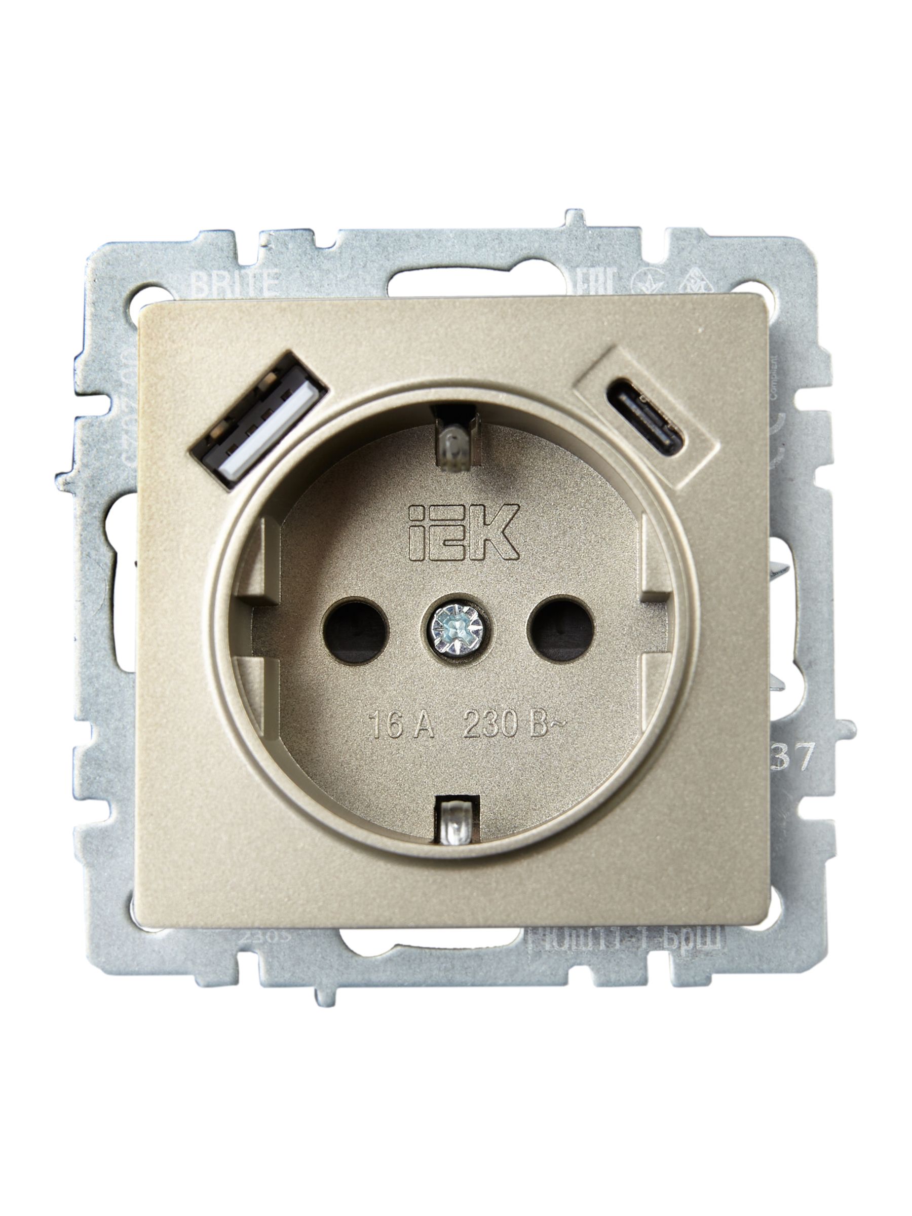             BRITE Розетка 1 орынды қорғаныс перделері бар, жерге тұйықталған 16А USB A+C мен 18Вт РЮш11-1-БрШ шампан ИЭК    