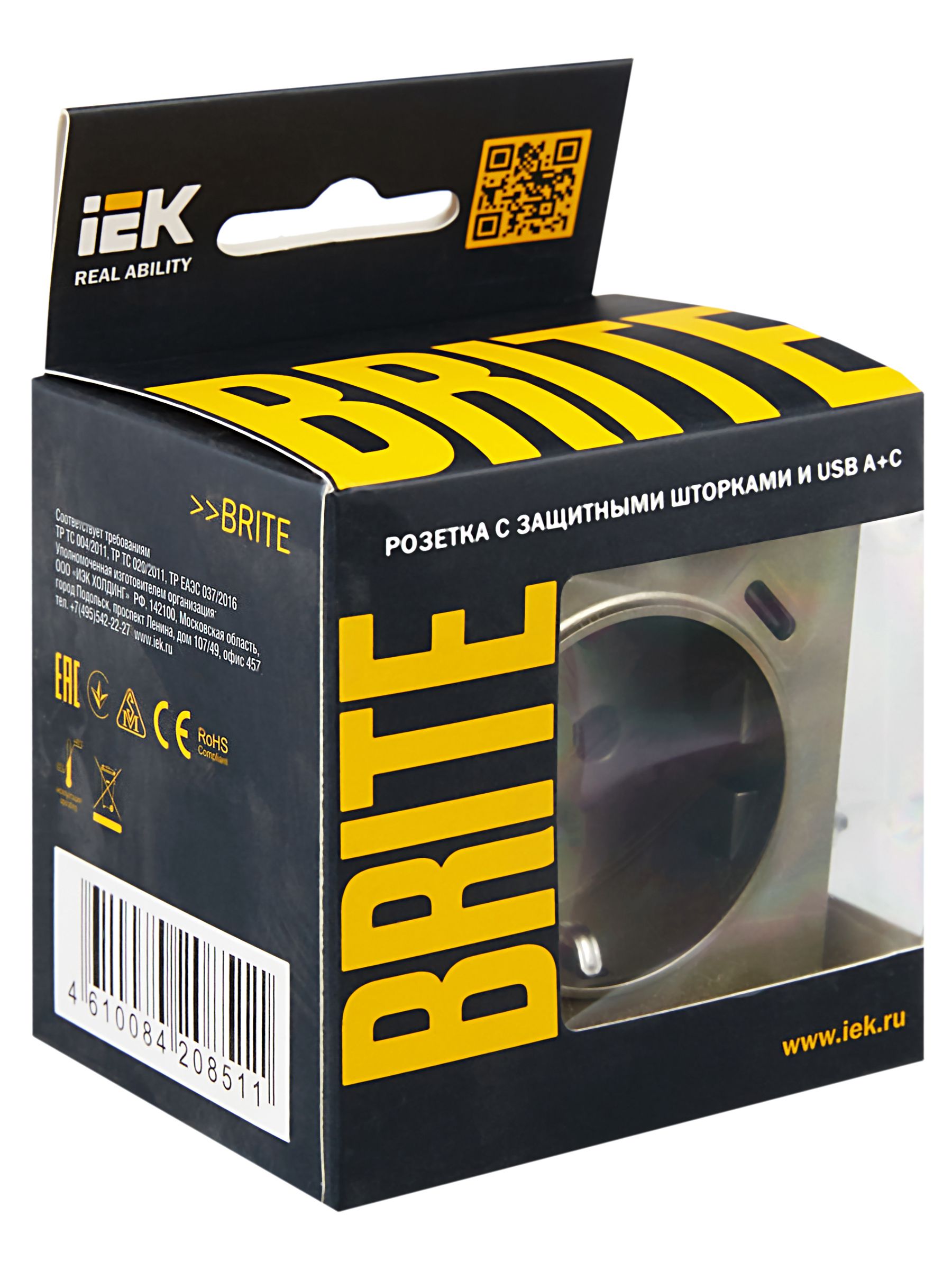             BRITE Розетка 1 орынды қорғаныс перделері бар, жерге тұйықталған 16А USB A+C мен 18Вт РЮш11-1-БрШ шампан ИЭК    