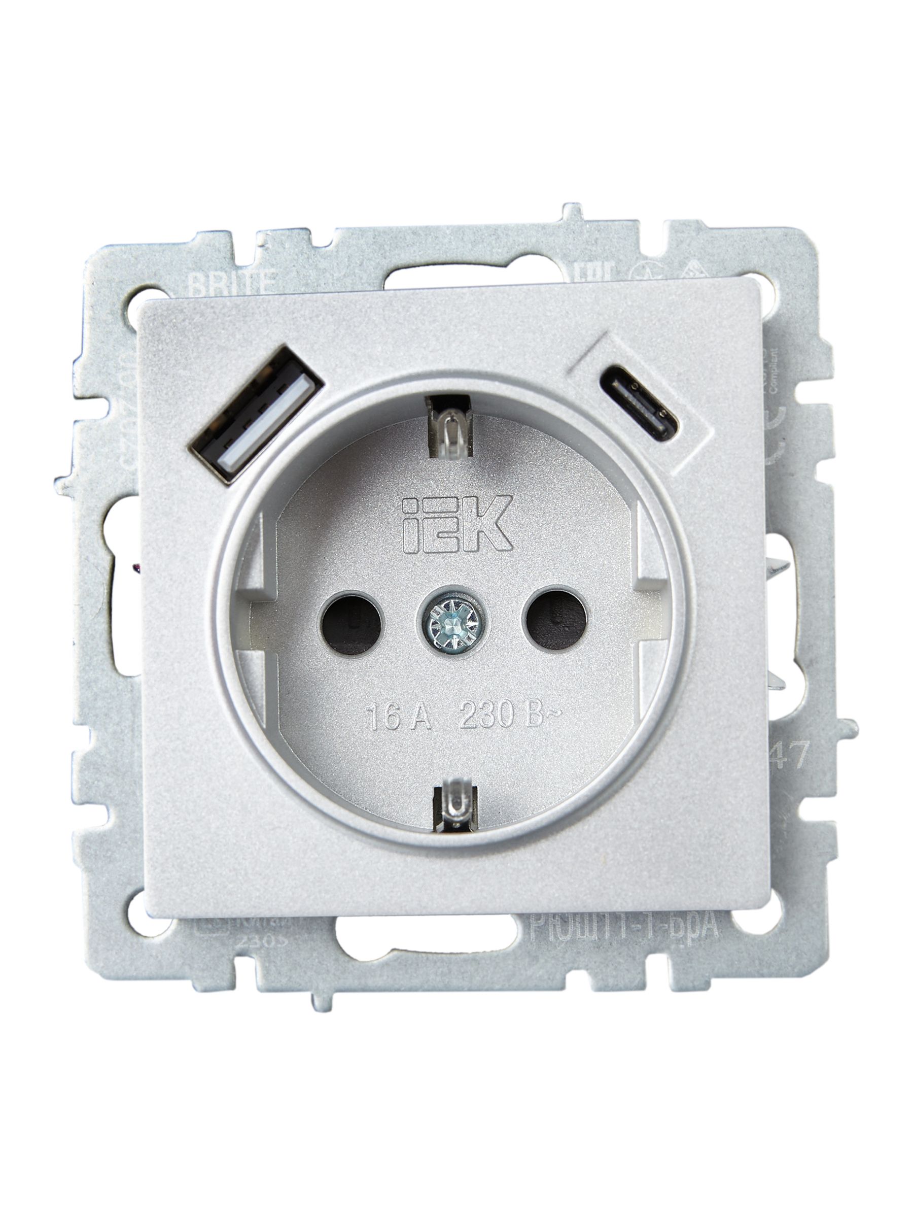             BRITE Розетка 1 орынды қорғаныс перделері бар, жерге тұйықталған 16А USB A+C мен 18Вт РЮш11-1-БрА алюминий ИЭК    