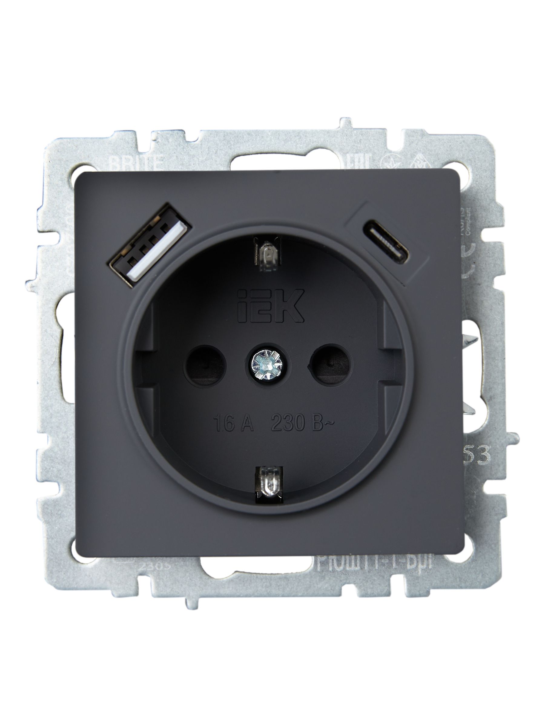             BRITE Розетка 1 орынды қорғаныс перделері бар, жерге тұйықталған 16А USB A+C мен 18Вт РЮш11-1-БрГ графит ИЭК    