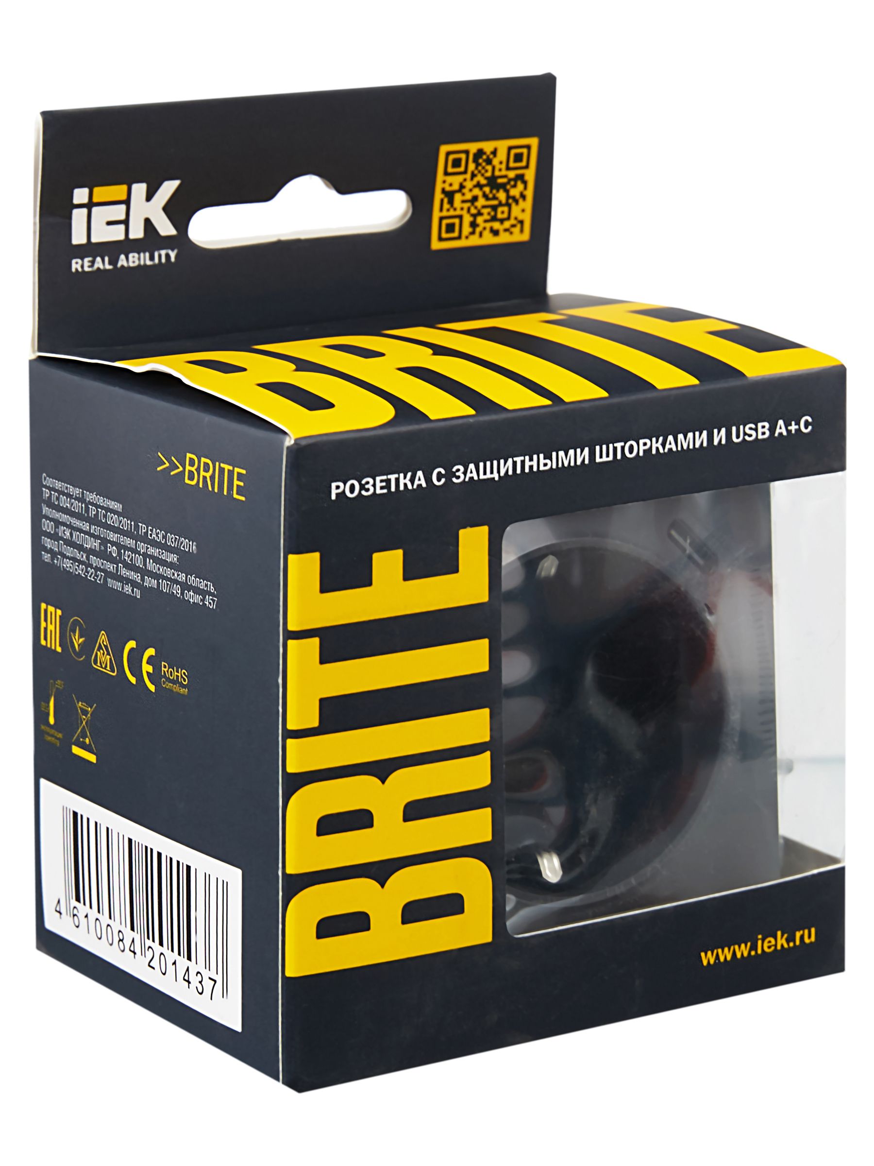             BRITE Розетка 1 орынды қорғаныс перделері бар, жерге тұйықталған 16А USB A+C мен 18Вт РЮш11-1-БрГ графит ИЭК    