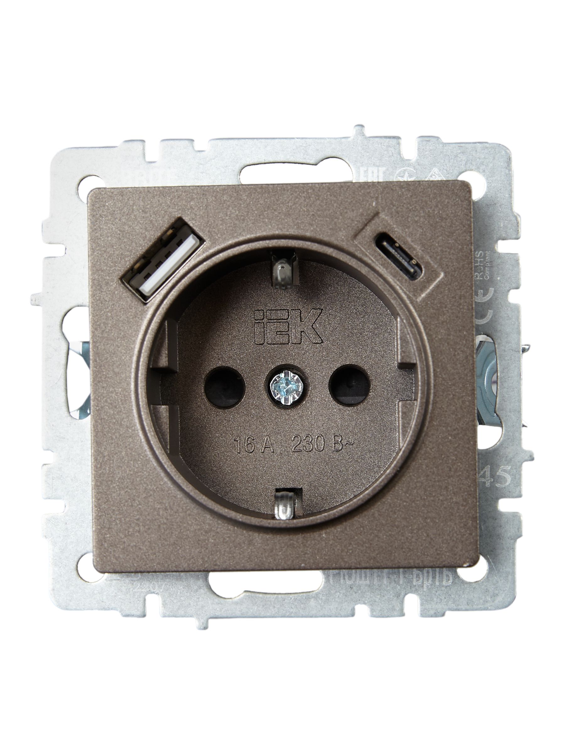             BRITE Розетка 1 орынды қорғаныс перделері бар, жерге тұйықталған 16А USB A+C мен 18Вт РЮш11-1-БрТБ қара қола ИЭК    