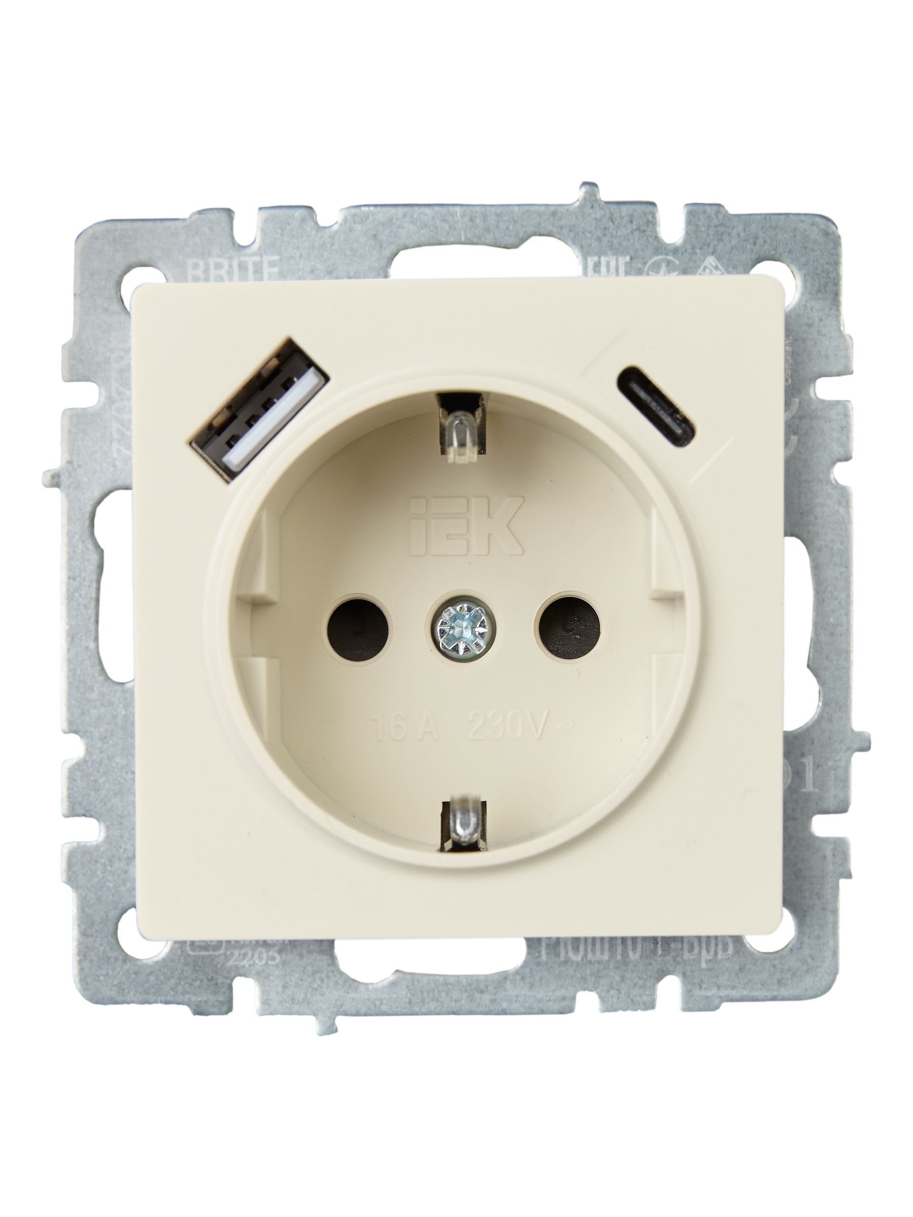             BRITE Розетка 1 орынды қорғаныс перделері бар, жерге тұйықталған 16А USB A+C мен 18Вт РЮш11-1-БрКр сарғыш ИЭК    