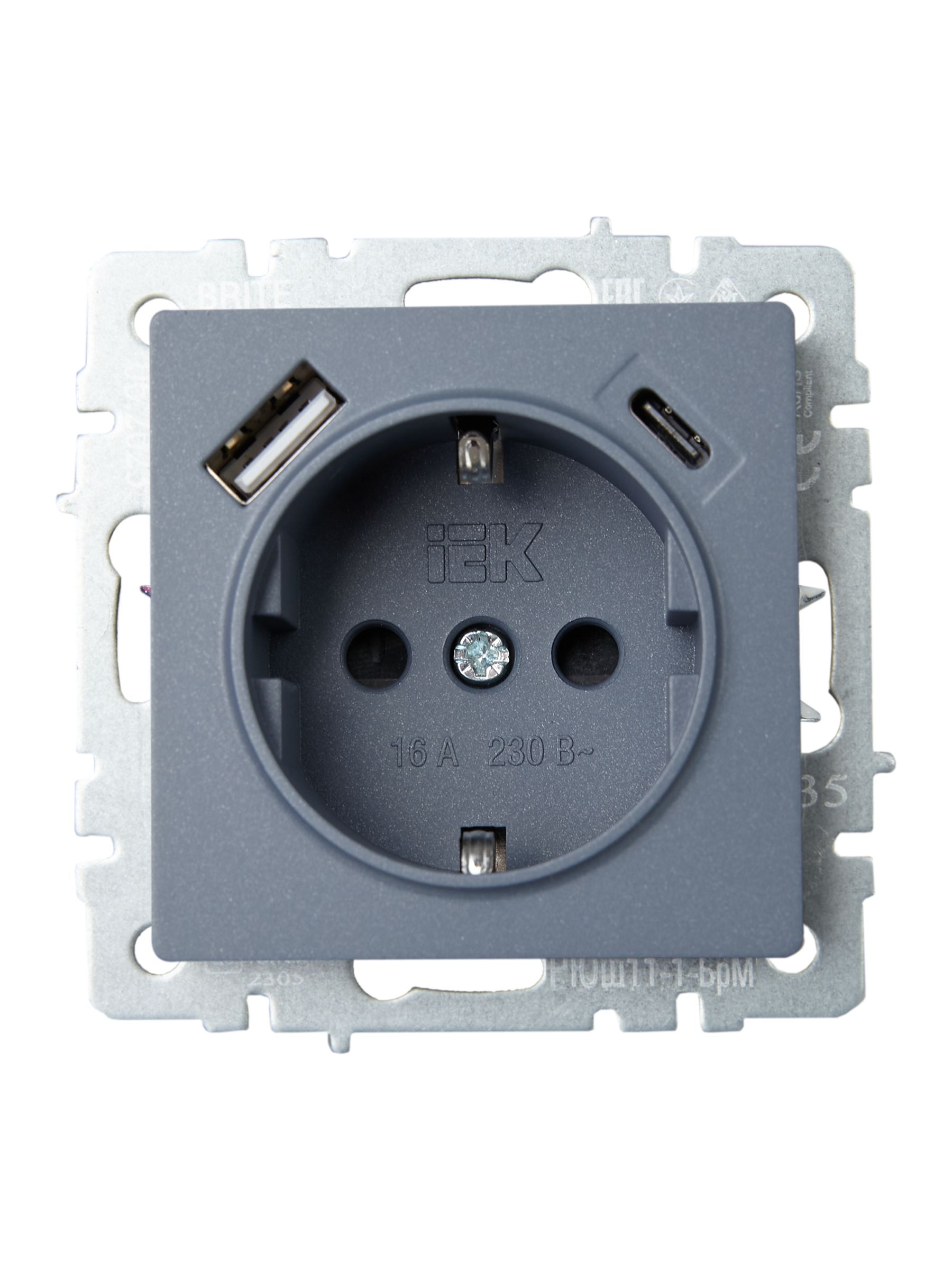             BRITE Розетка 1 орынды қорғаныс перделері бар, жерге тұйықталған 16А USB A+C мен 18Вт РЮш11-1-БрМ маренго ИЭК    
