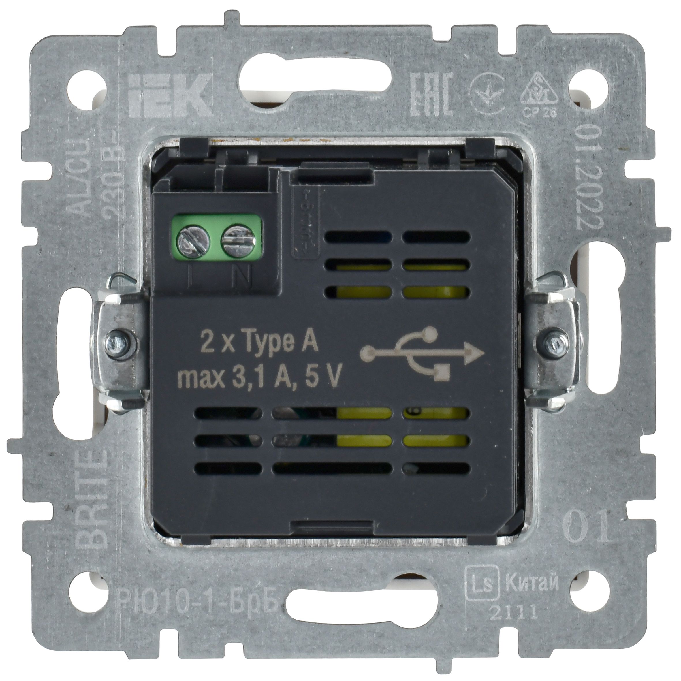             BRITE USB A+A розеткасы 5В 3,1А РЮ10-1-БрБ ақ ИЭК    