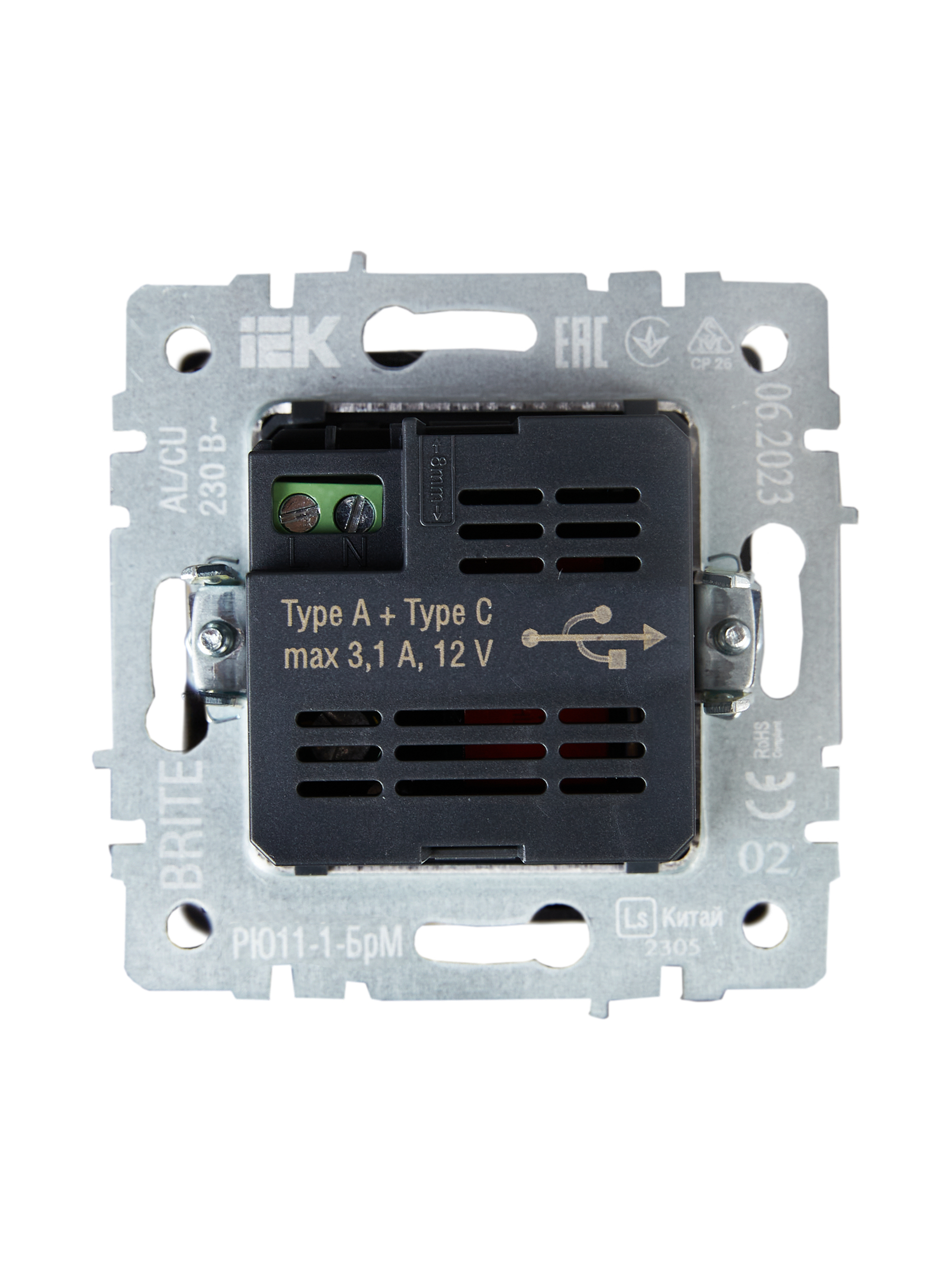             BRITE USB A+C розеткасы 18 Вт РЮ11-1-БрЧ қара ИЭК    