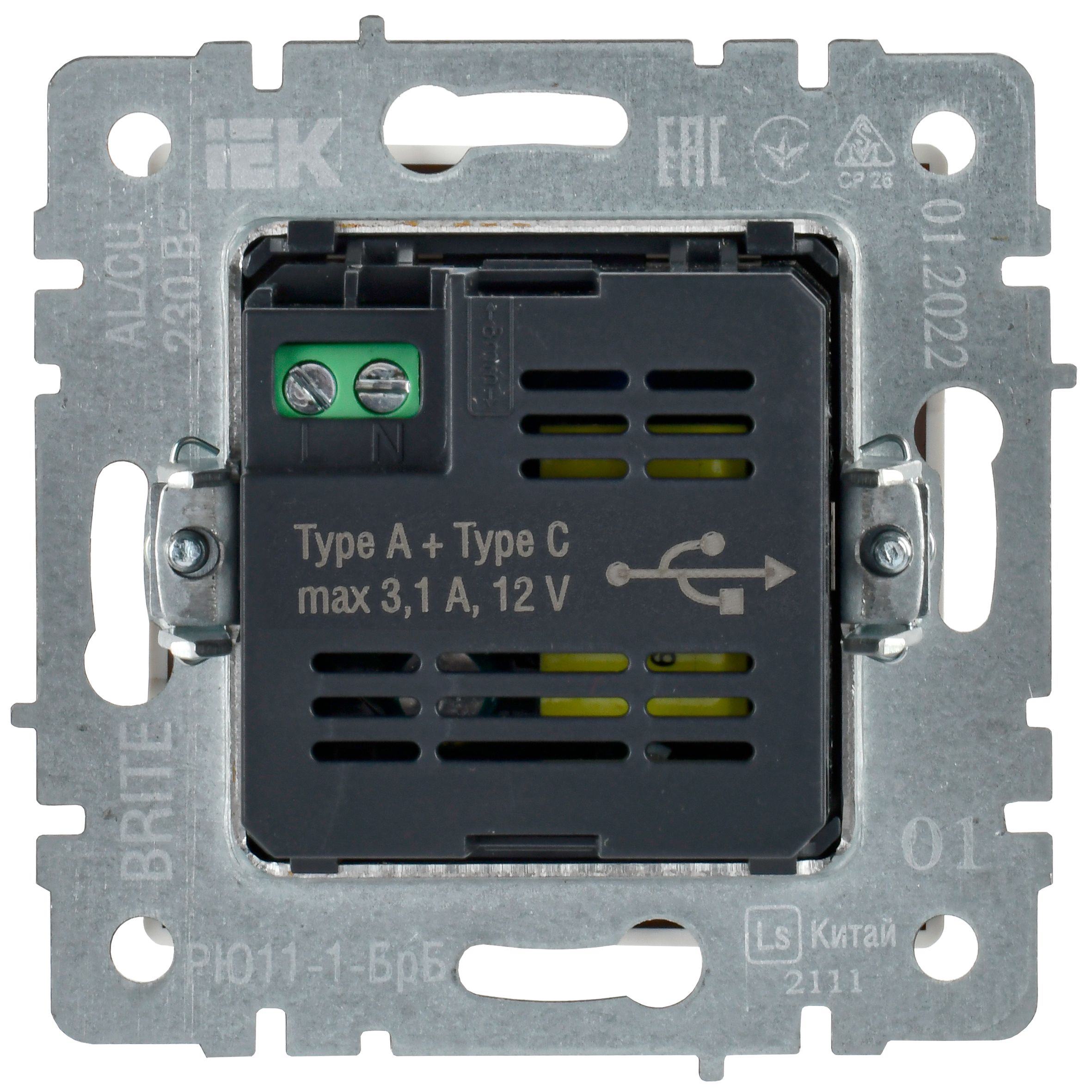             BRITE USB A+C розеткасы 18 Вт РЮ11-1-БрБ ақ ИЭК    