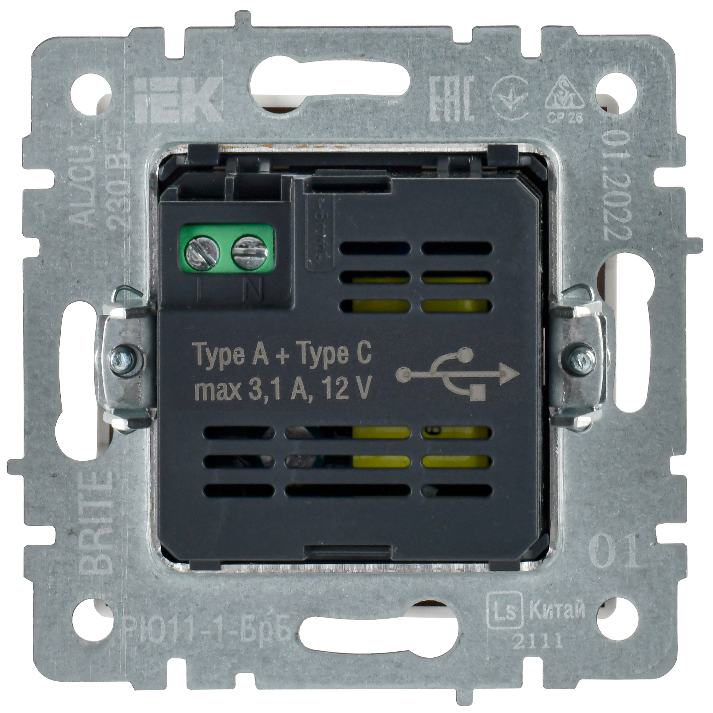             BRITE USB A+C розеткасы 18 Вт РЮ11-1-БрБ ақ ИЭК    
