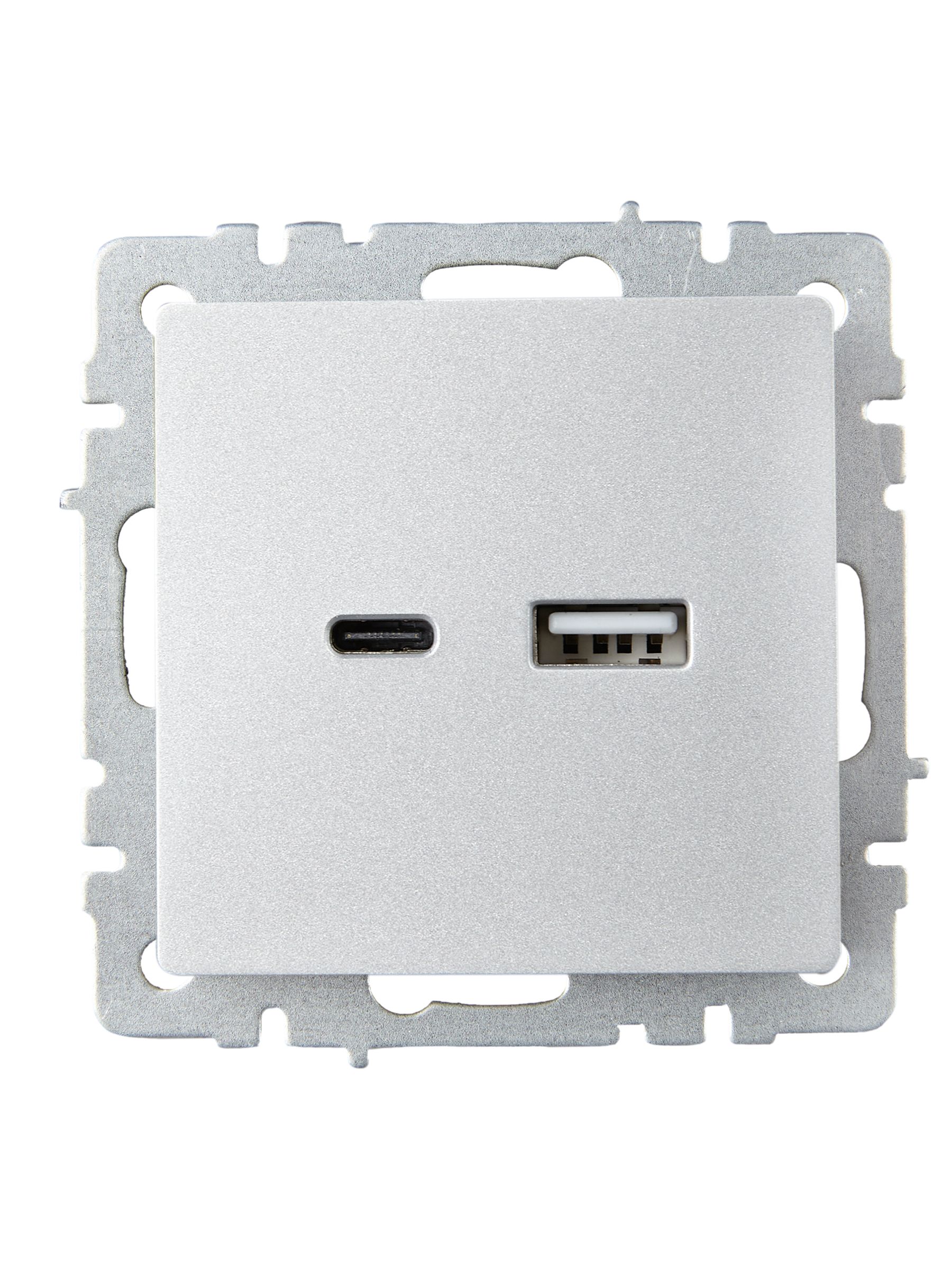             BRITE USB A+C розеткасы 18 Вт РЮ11-1-БрА алюминий ИЭК    
