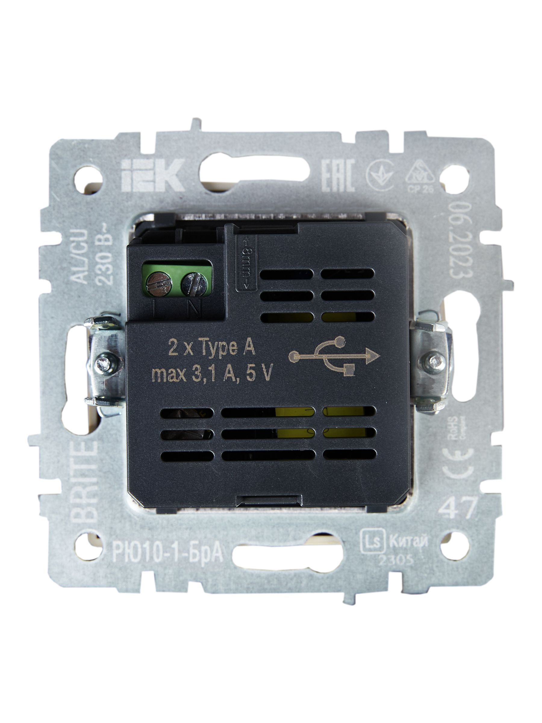             BRITE розеткасы, USB A+A 5В 3,1 А РЮ10-1-БрА алюминий ИЭК    