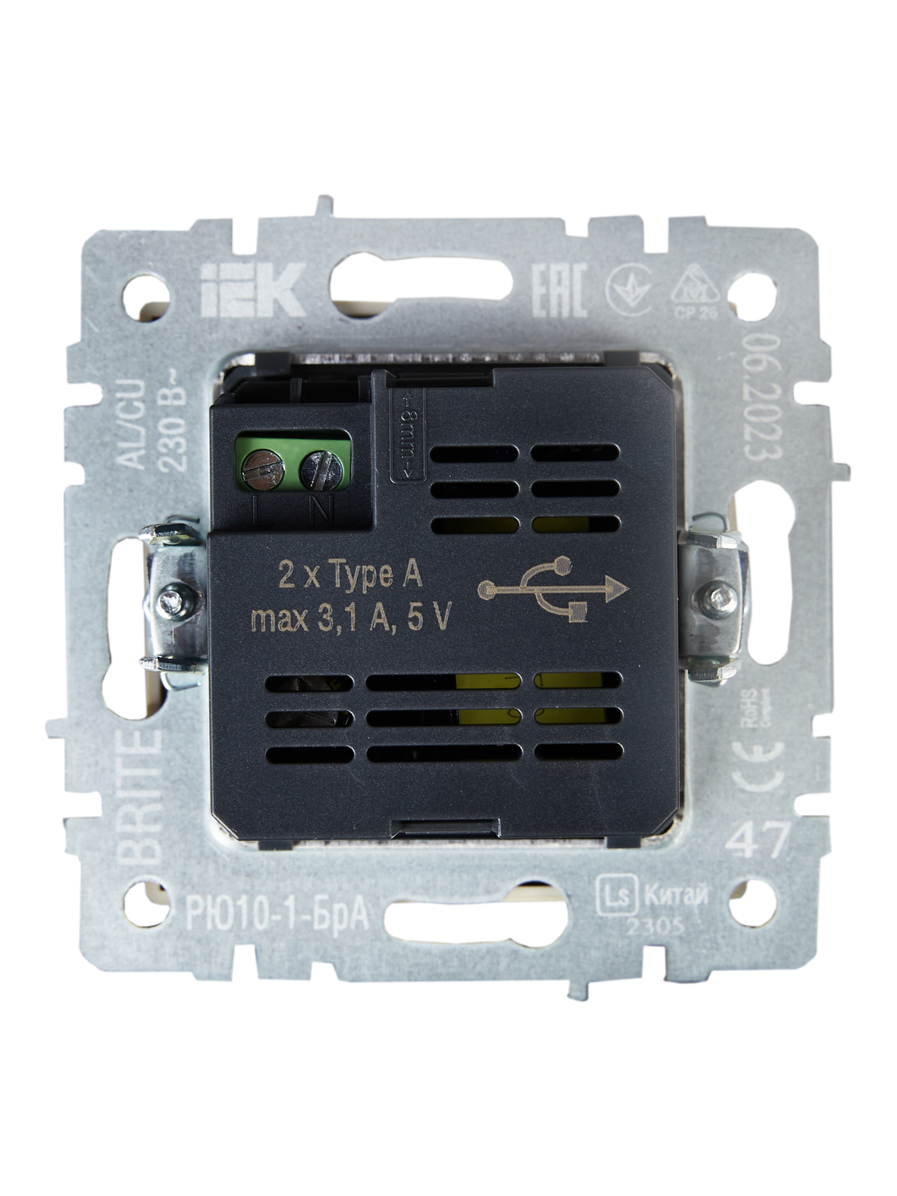             BRITE розеткасы, USB A+A 5В 3,1 А РЮ10-1-БрА алюминий ИЭК    