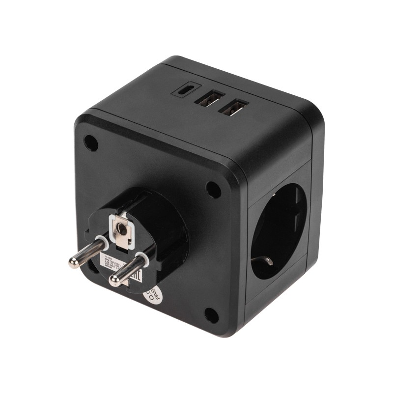             Екілік, жерге тұйықталған 16а электр Кубы + 2хusb-A 2,4 А + USB Type-C 3A қара REXANT    