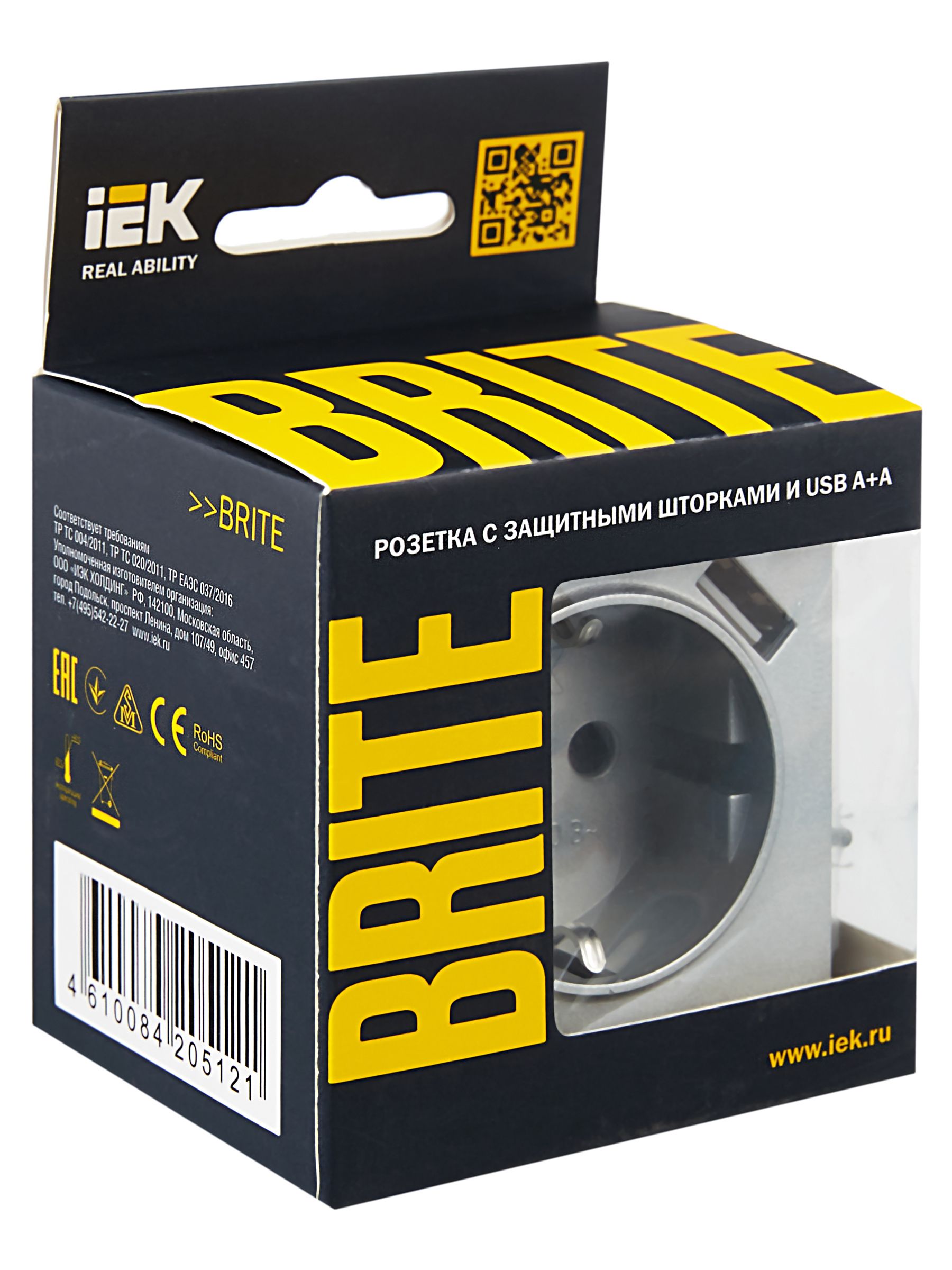            BRITE Розетка 1 орынды, жерге тұйықталған, қорғаныс пердешелерімен 16А с USB A+A 5В 3,1А РЮш10-2-БрА алюминий IEK    