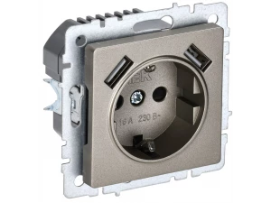 BRITE Розетка 1-местная с заземлением со шторками 16А с USB A+A 5В 3,1А РЮш10-2-БрШ шампань ИЭК