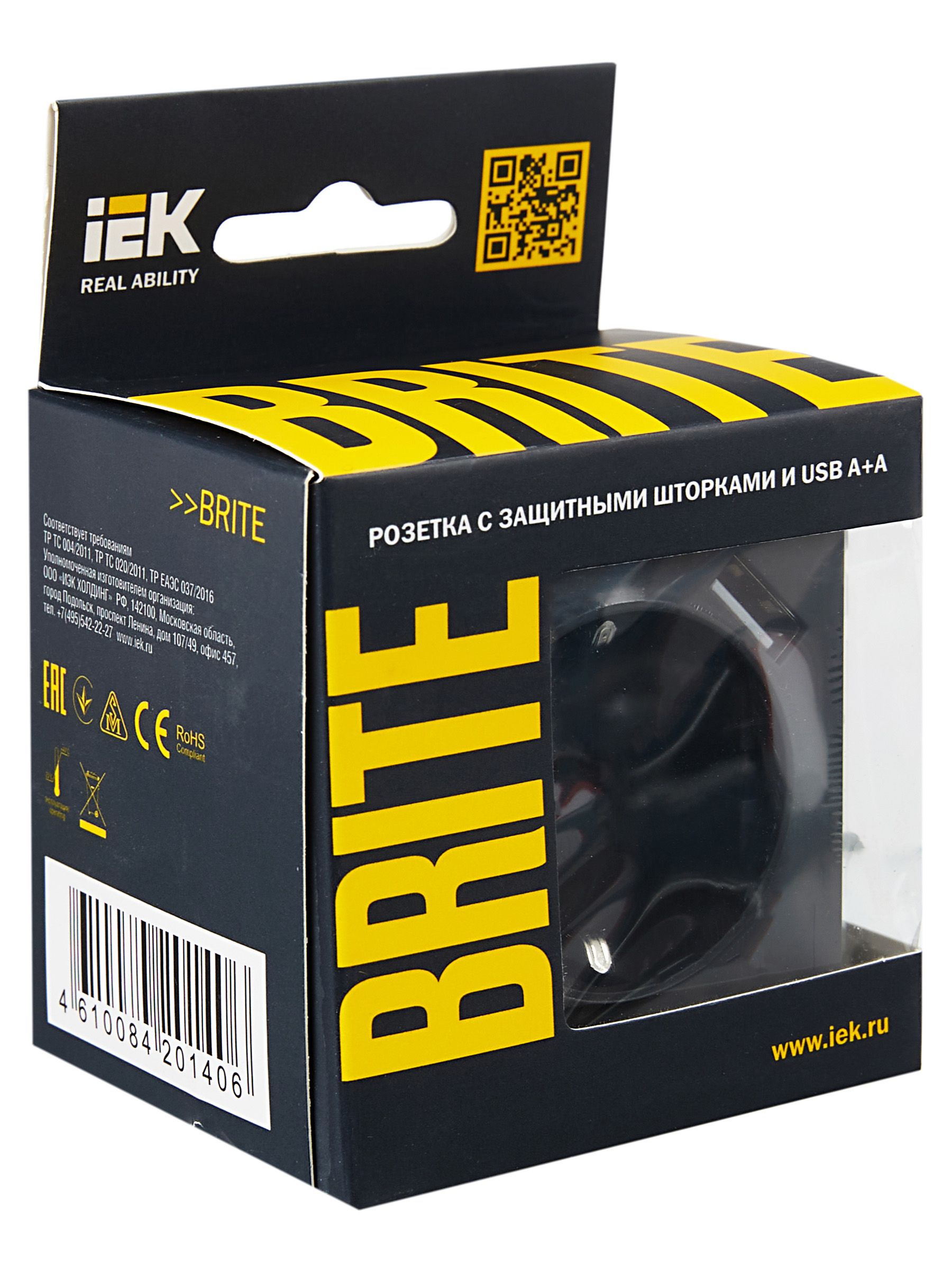             BRITE Розетка 1 орынды, жерге тұйықталған, қорғаныс пердешелерімен 16А с USB A+A 5В 3,1А РЮш10-2-БрГ графит IEK    