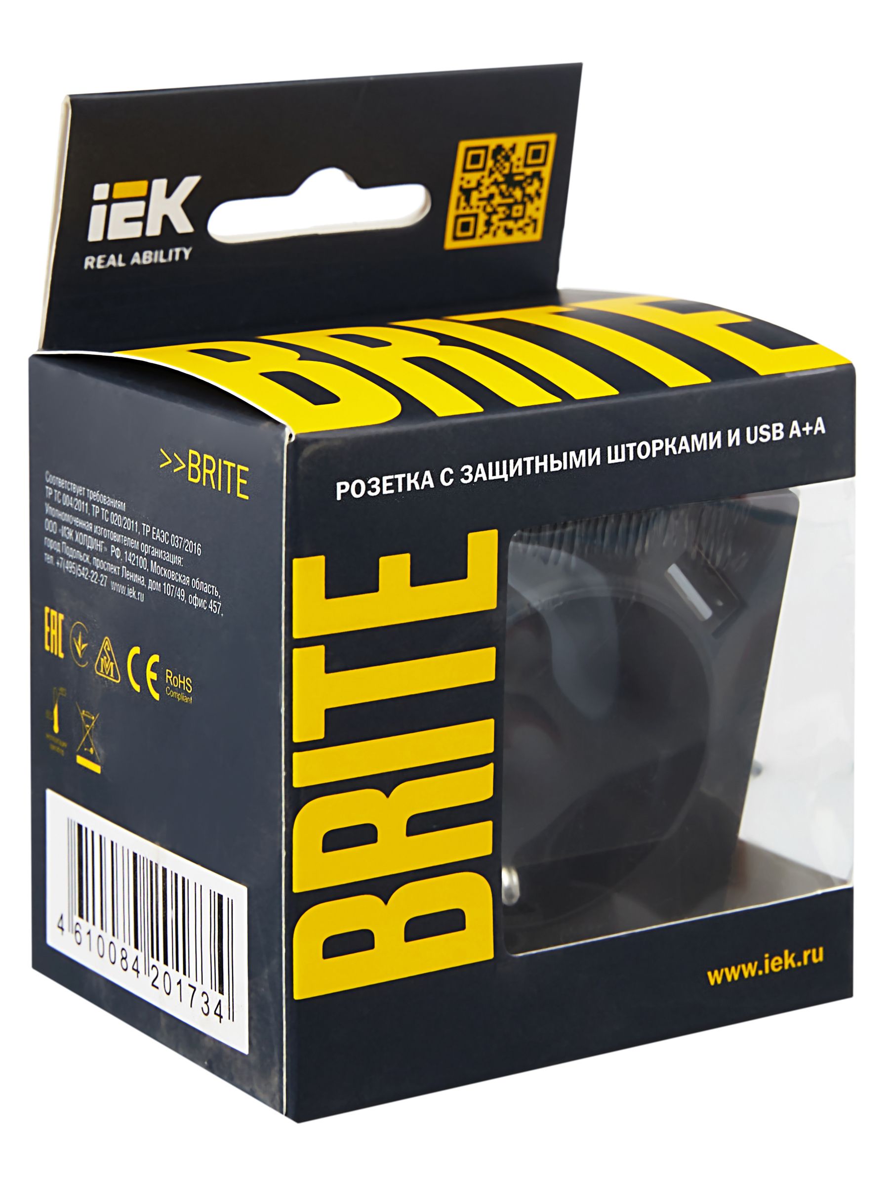             BRITE Розетка 1 орынды, жерге тұйықталған, қорғаныс пердешелерімен 16А с USB A+A 5В 2,1А РЮш10-1-БрГ графит IEK    